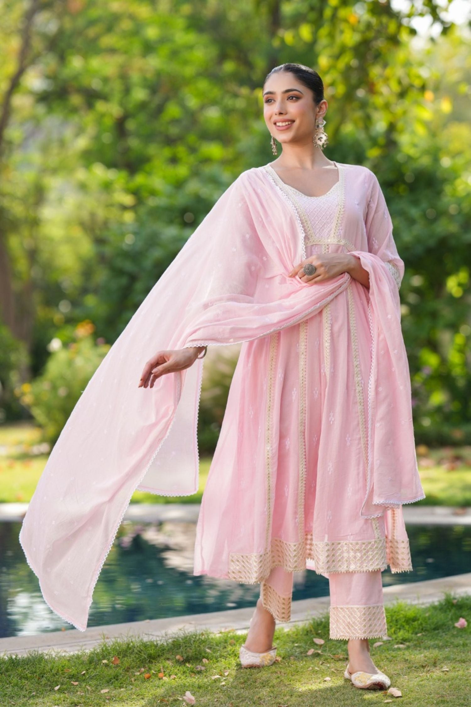 Elegant Pink Cotton Three-Piece Suit with Dupatta