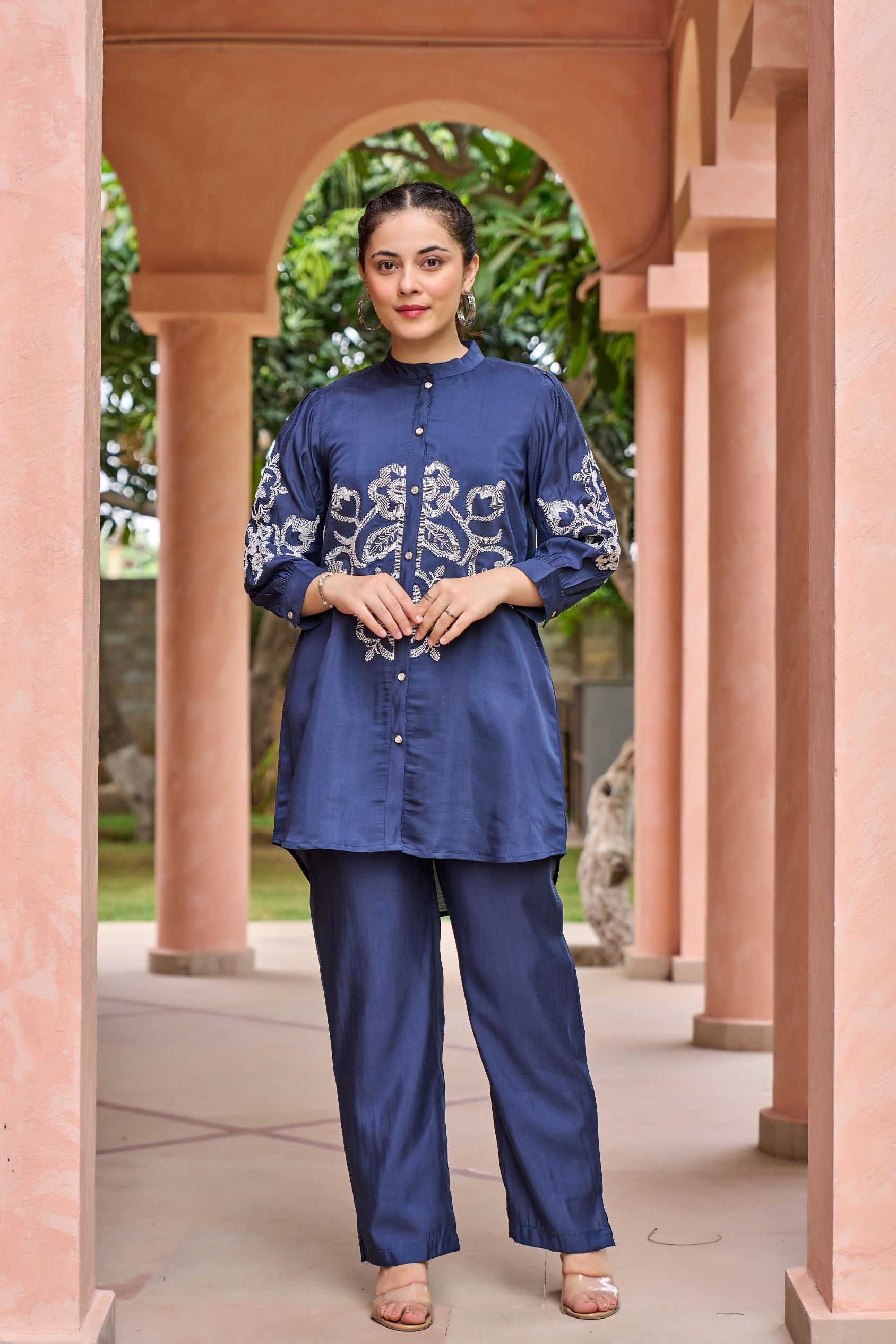 Navy Blue Cotton Cord Set with Striking Central Print