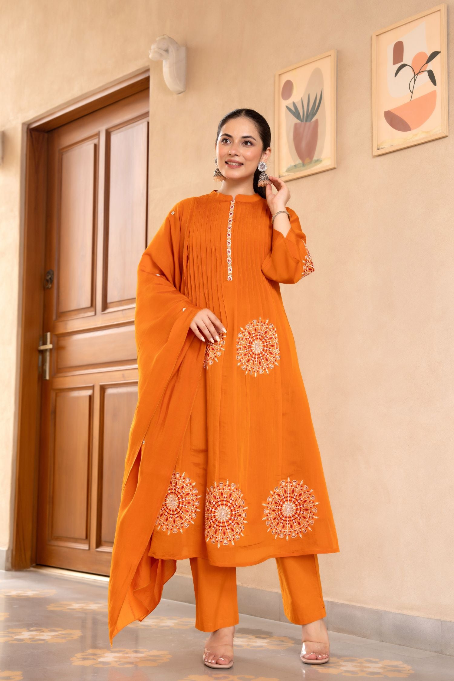 Cotton Three-Piece Ensemble with Elegant Neck Embroidery and Bold Circle Motif