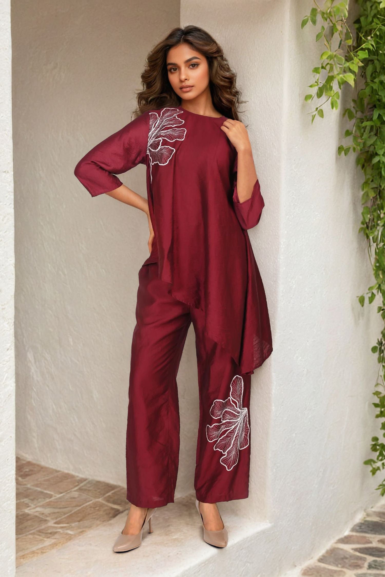 Maroon Petal Asymmetrical Satin Cord Set