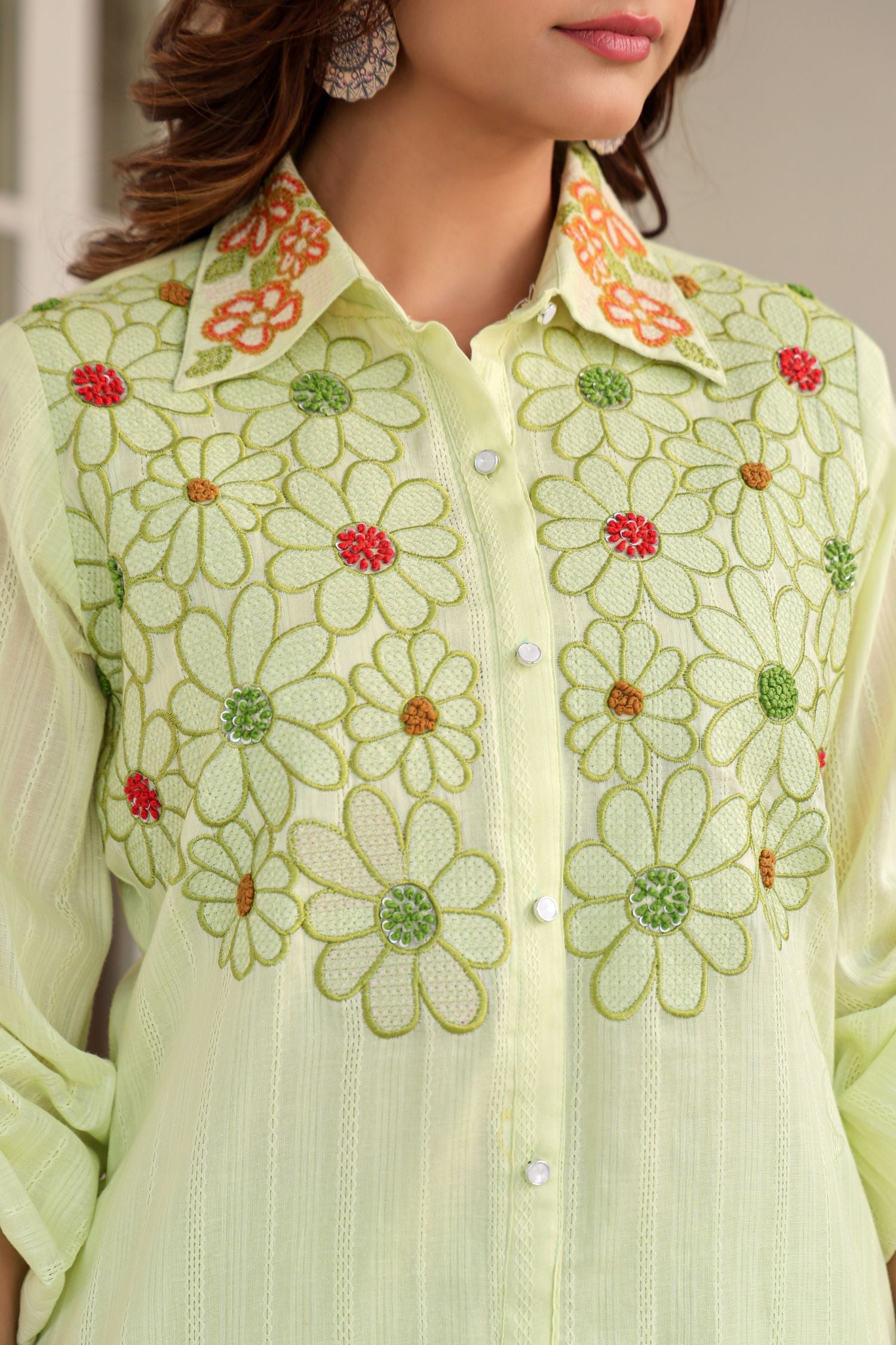 Stylish Pista Green Cord Set with Delicate Collar and Floral Embroidery