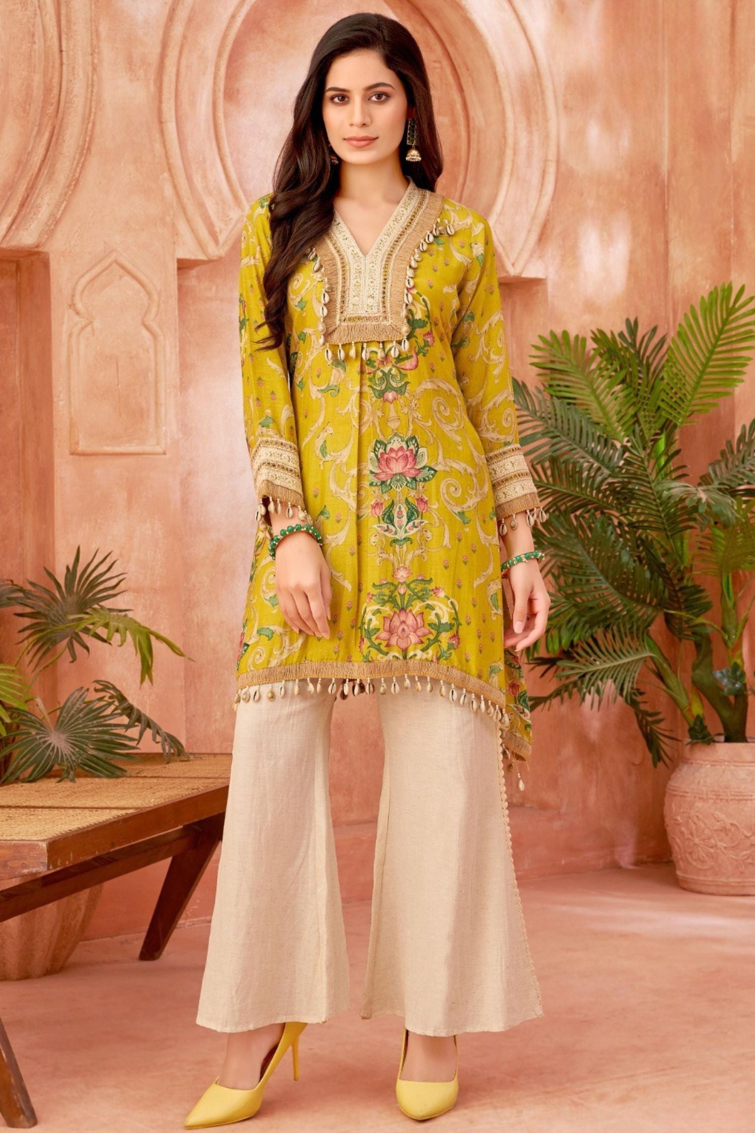 Embroidered Parrot Green Cord Set With Kodi Neckline with Beige Pants
