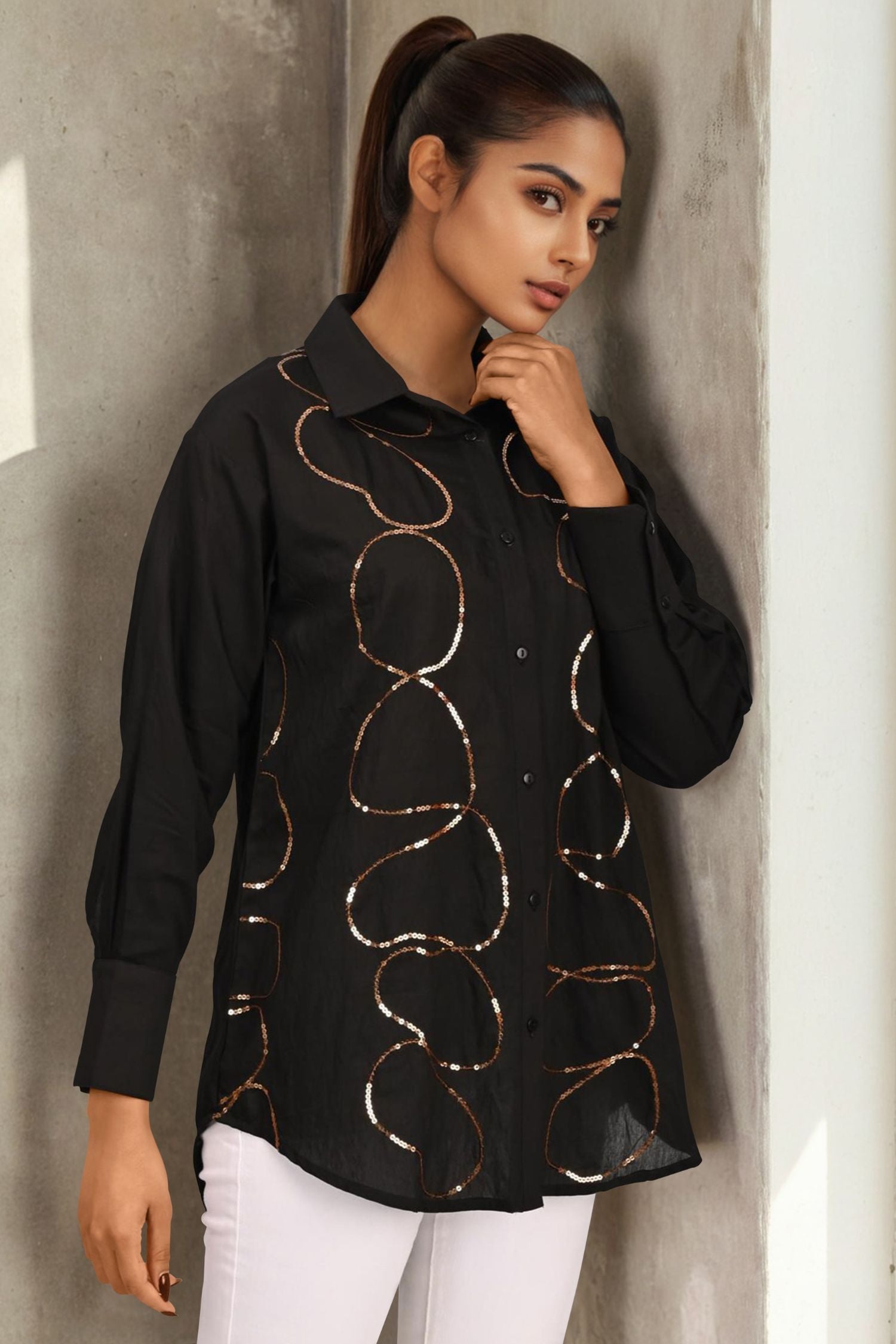 Black Full-Sleeve Shirt with Elegant Golden Designs
