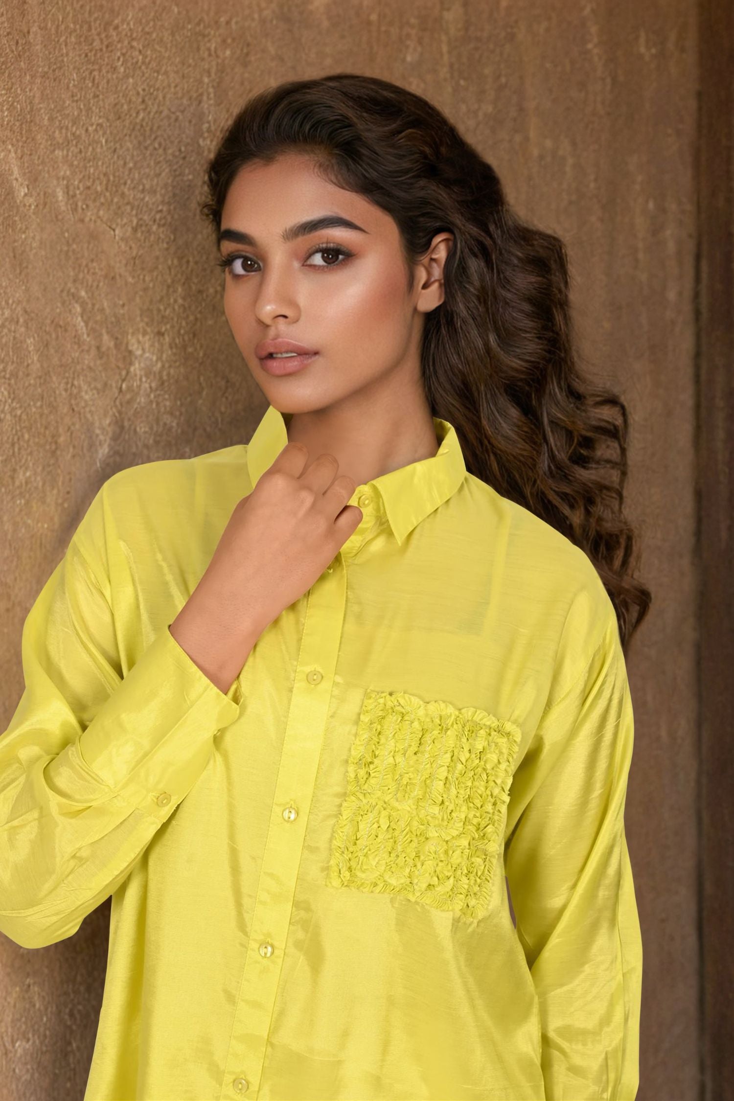 Yellow High-Low Shirt with Embroidered Pocket