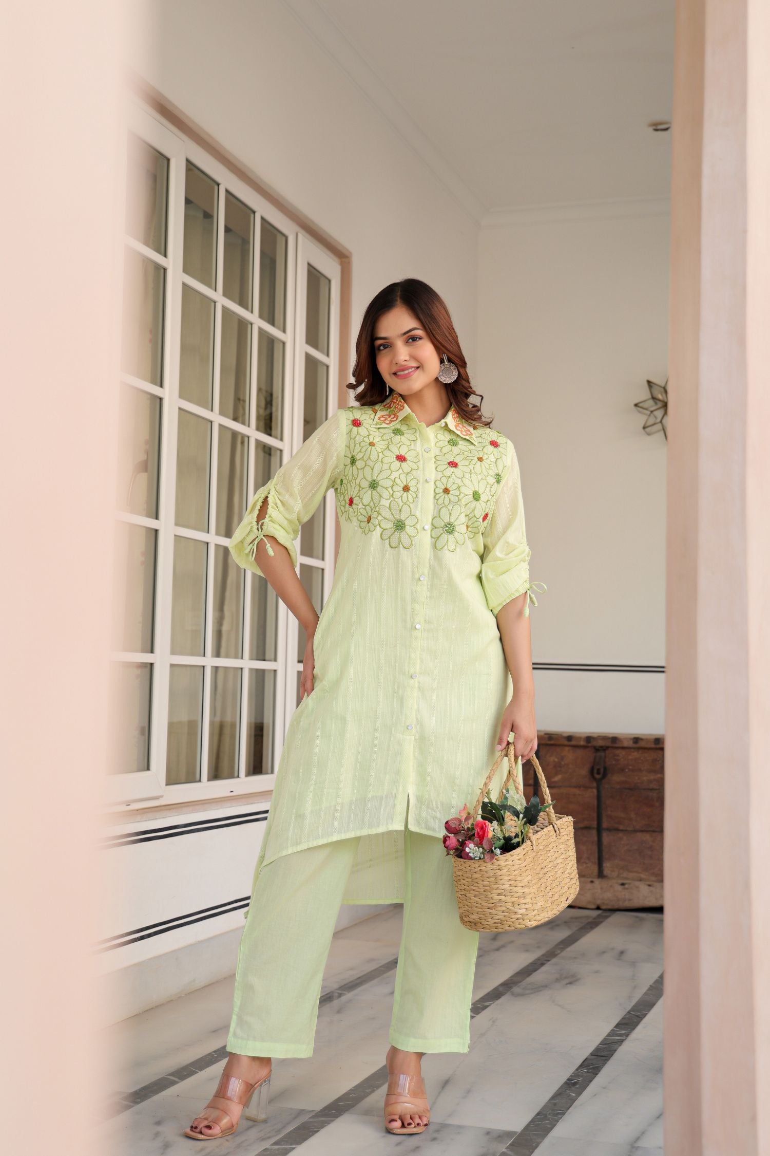 Stylish Pista Green Cord Set with Delicate Collar and Floral Embroidery