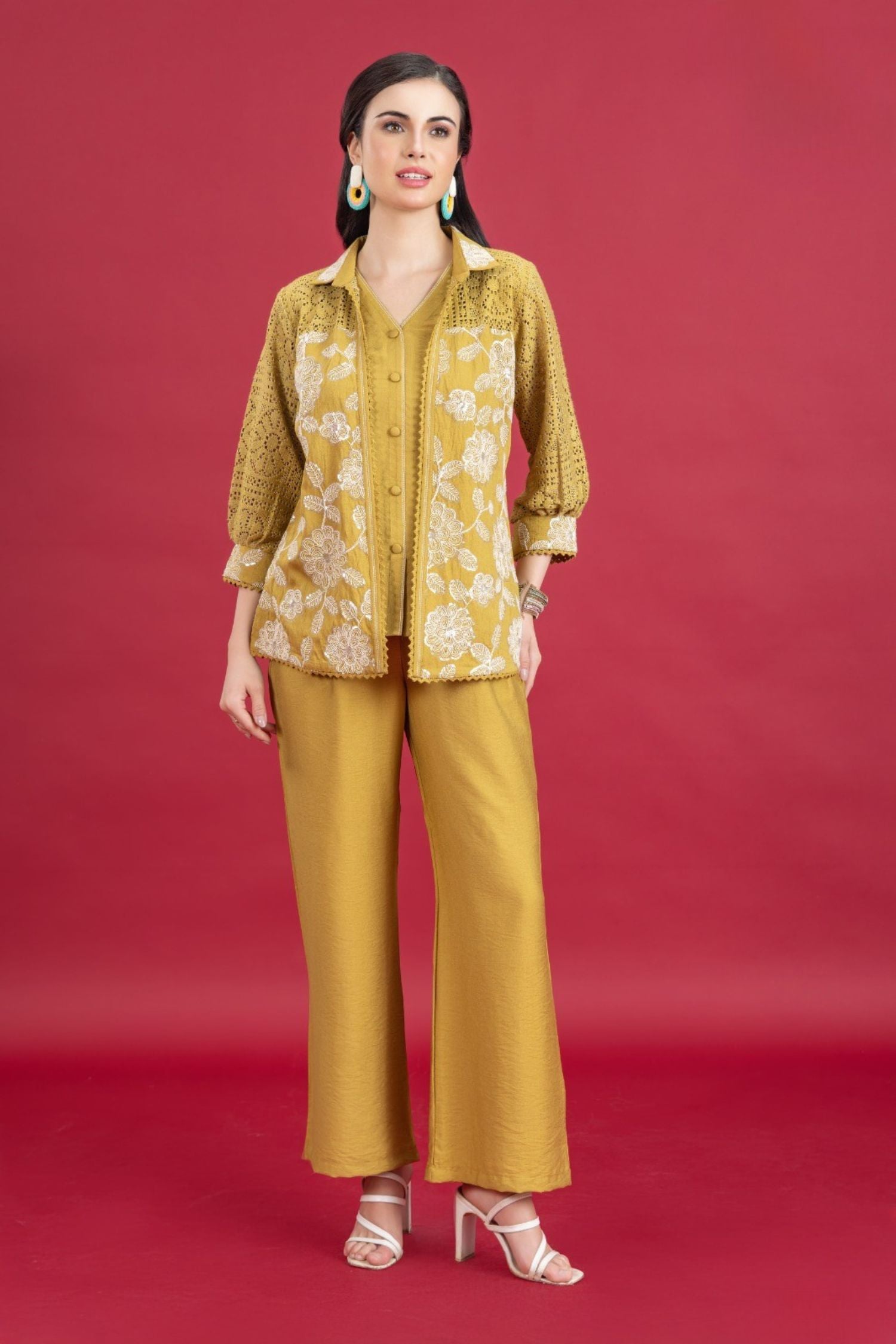 Yellow Cotton Cord Set with Matching Jacket and Solid Pants
