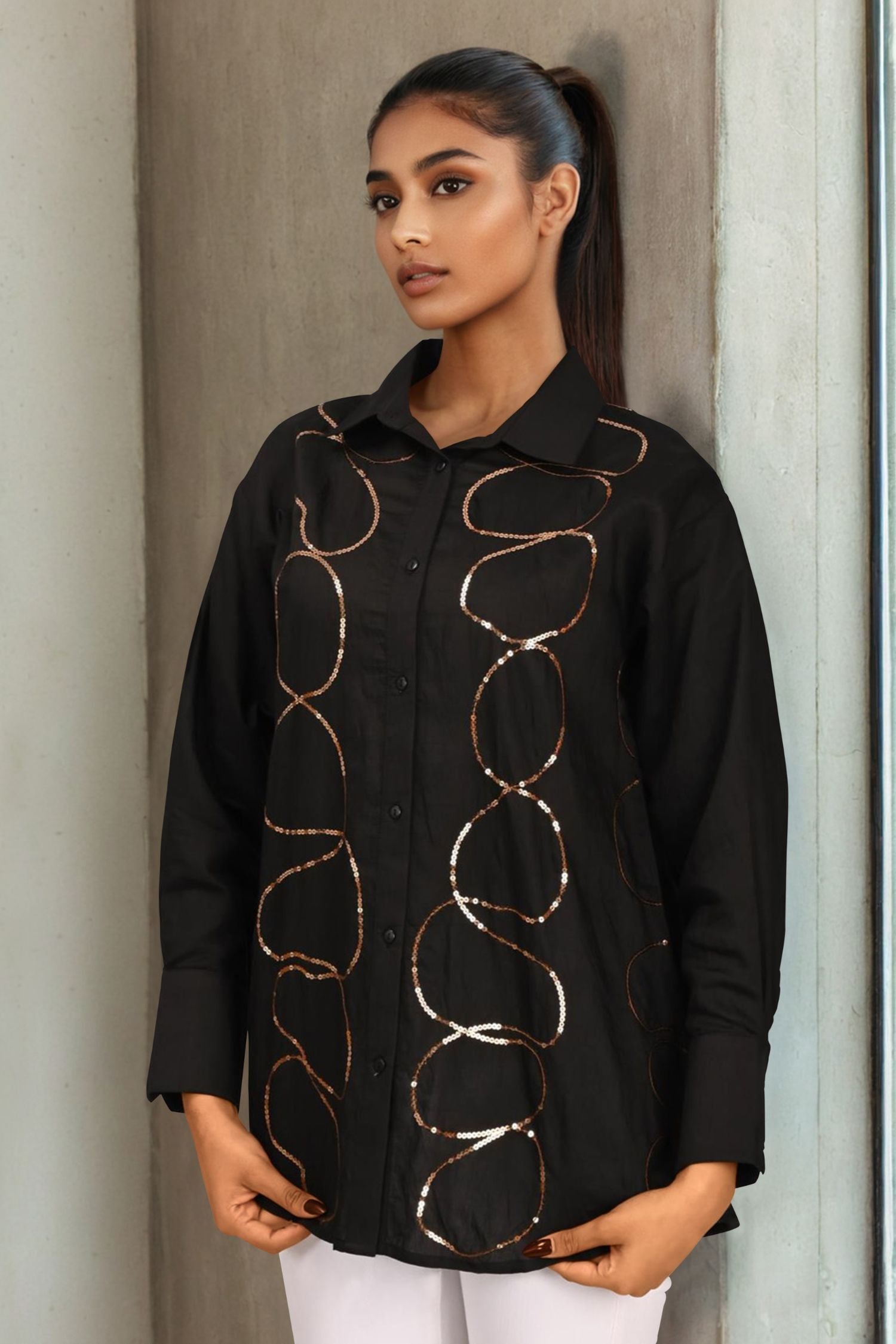 Black Full-Sleeve Shirt with Elegant Golden Designs