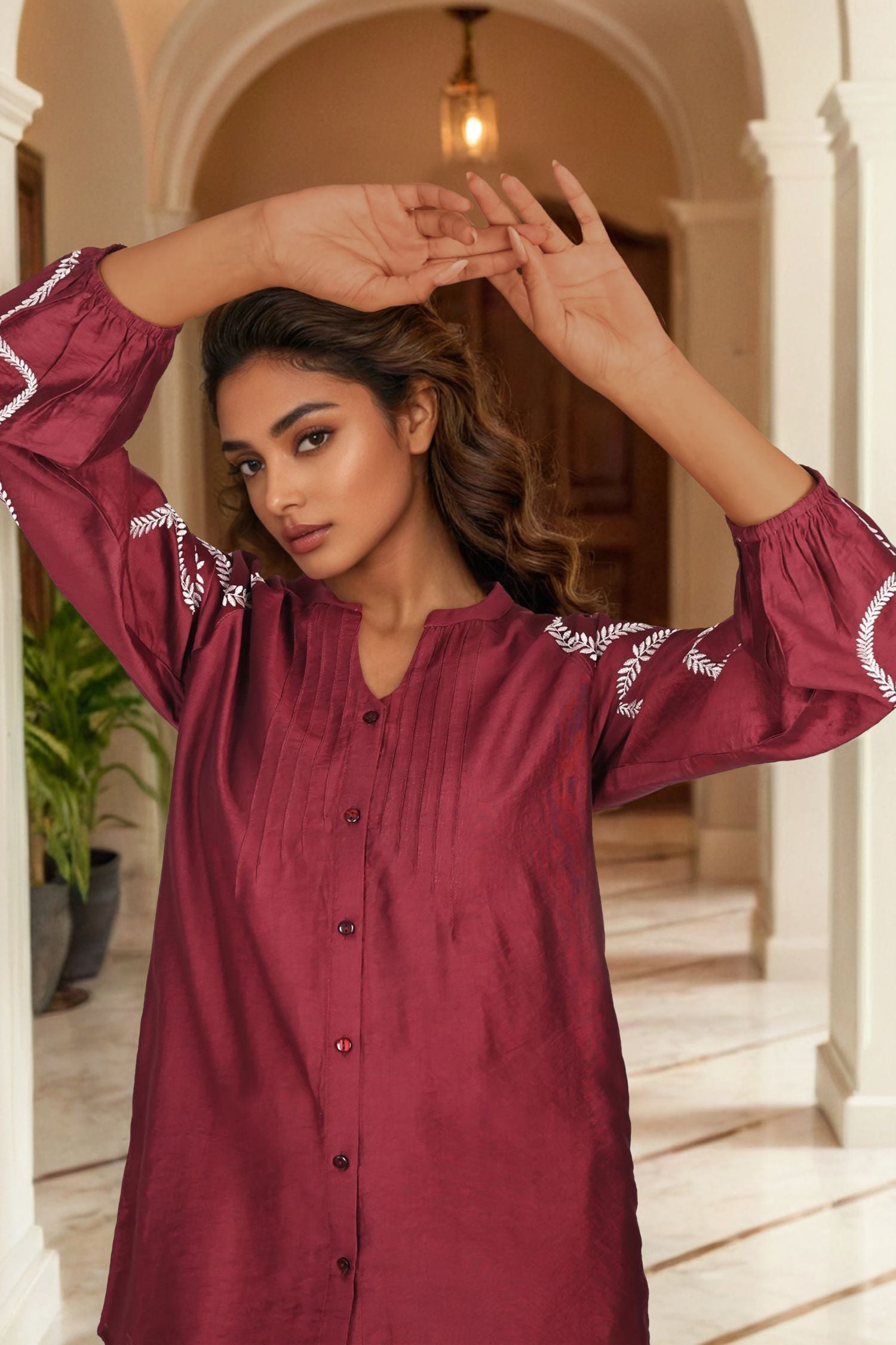 Maroon Cord Set with Embroidered Sleeve Detailing