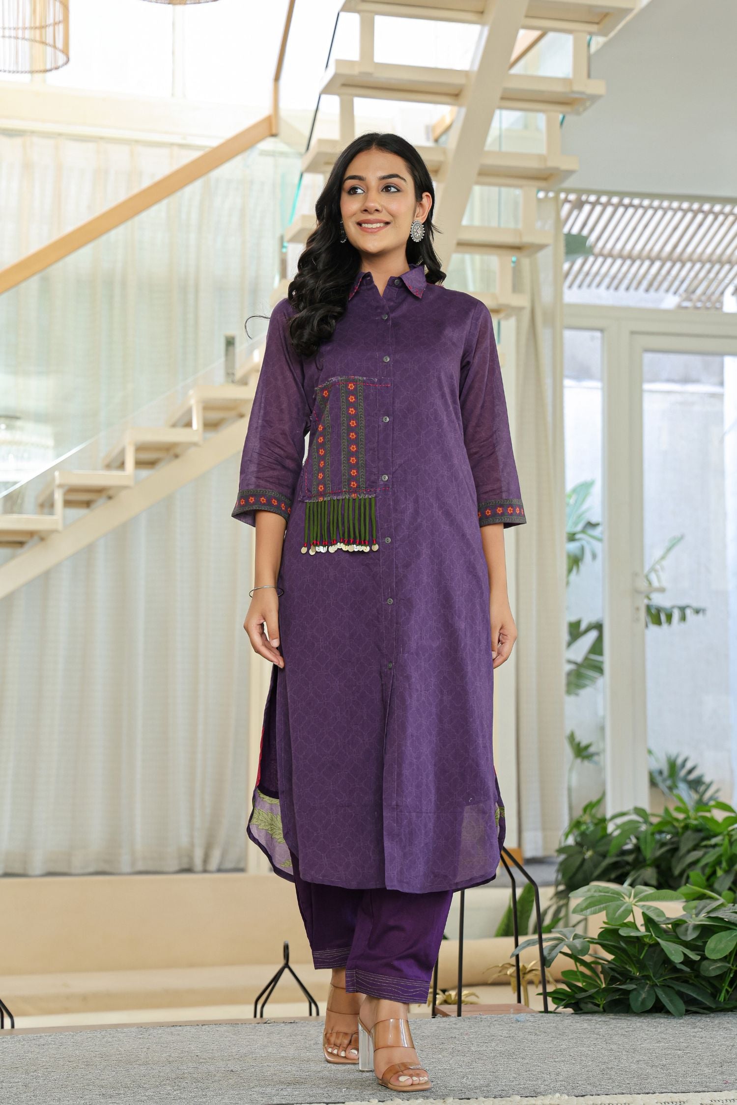 Cord Set with Front Design and Floral Back Detail With Solid Pattern Bottom
