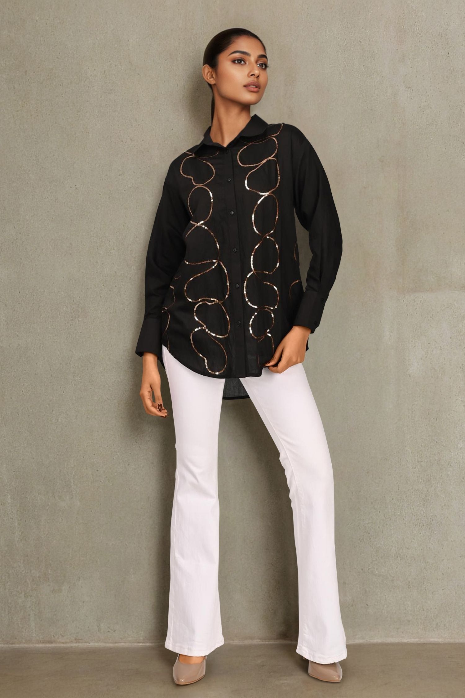 Black Full-Sleeve Shirt with Elegant Golden Designs