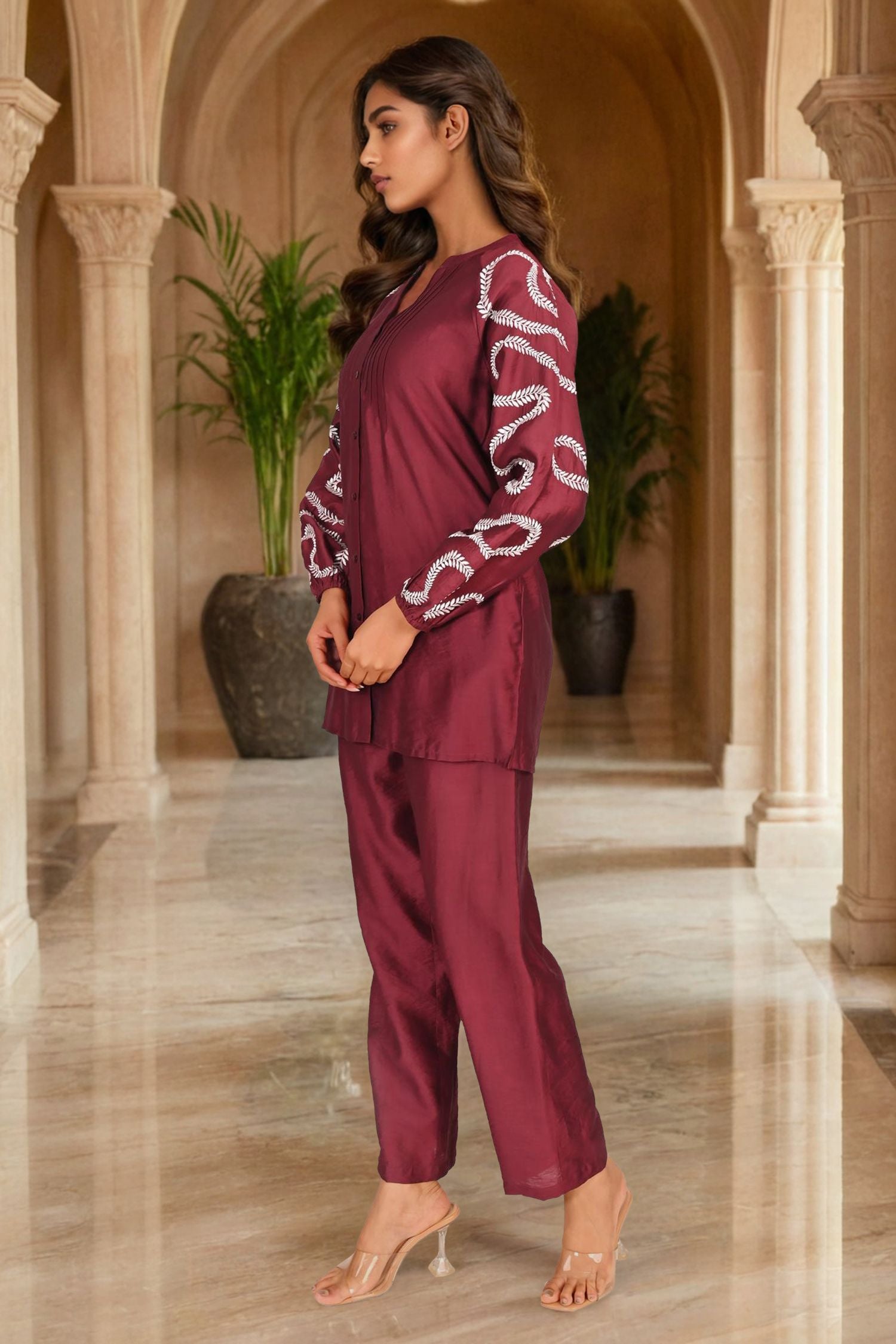 Maroon Cord Set with Embroidered Sleeve Detailing