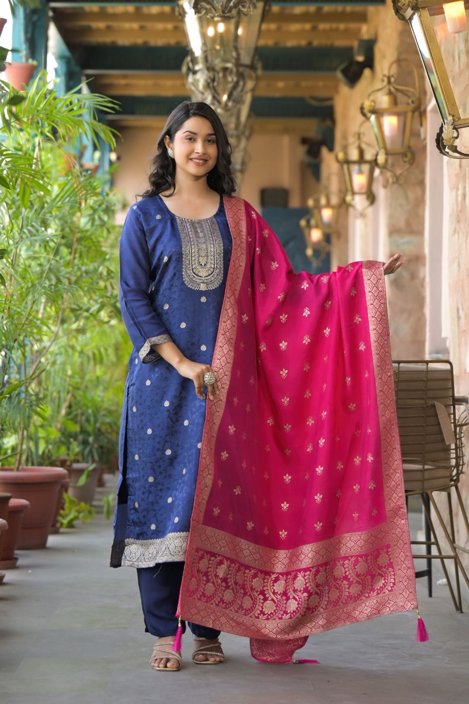 Embroidered Three Piece Suit Set with Rani Dupatta