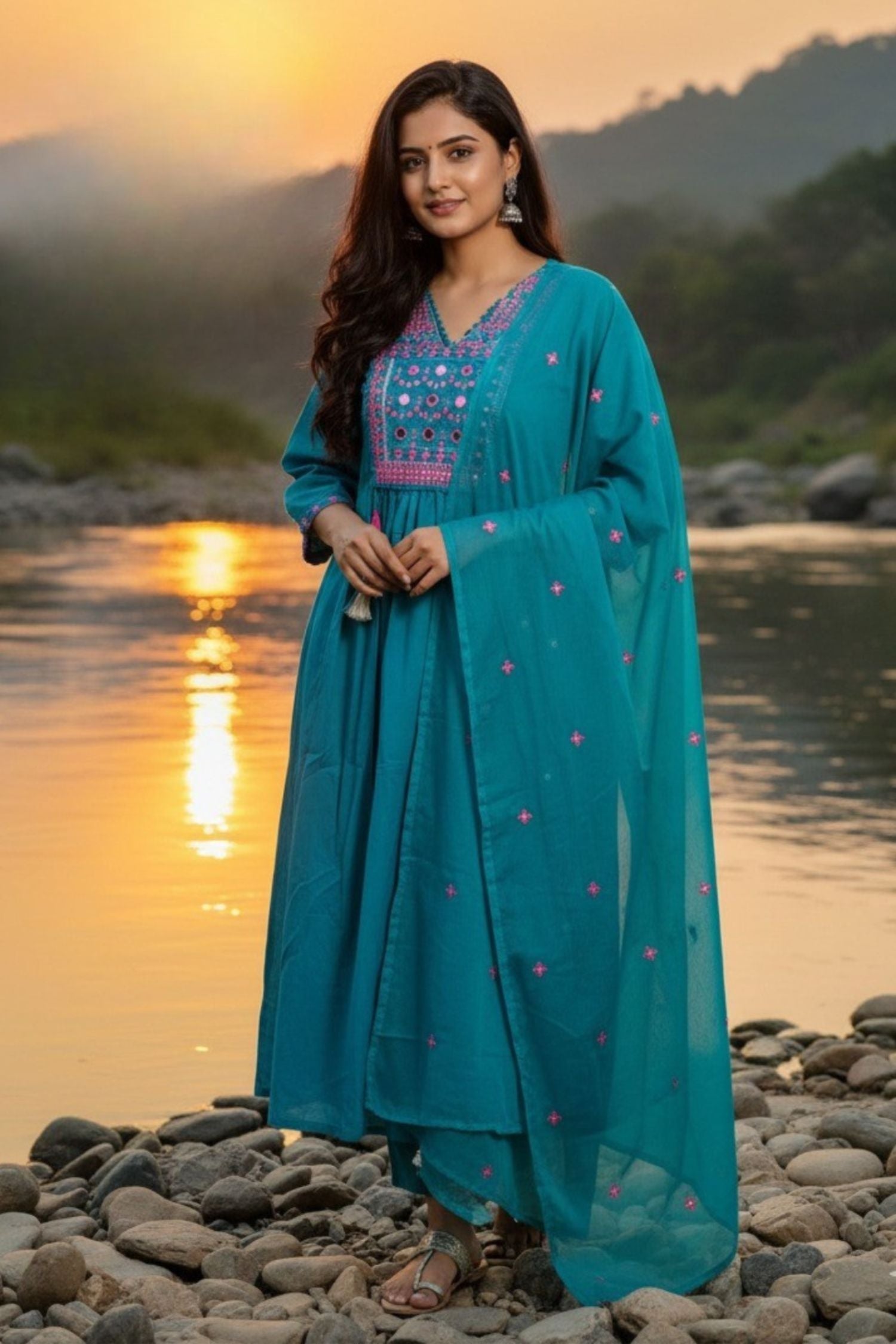 Rama Straight-Cut Three-Piece Set with Embroidery Work