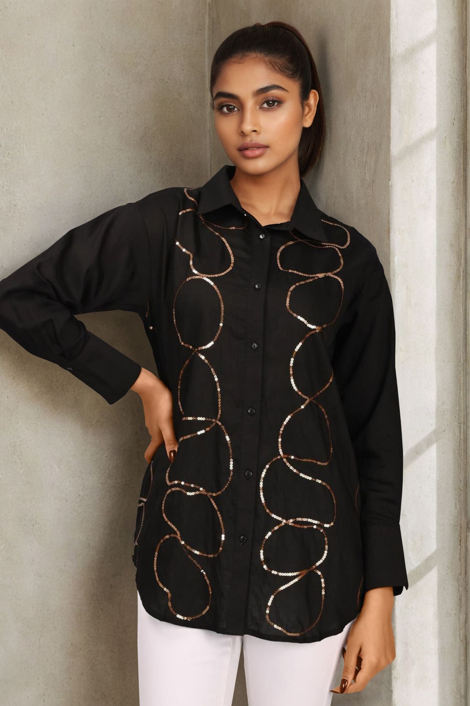 Black Full-Sleeve Shirt with Elegant Golden Designs
