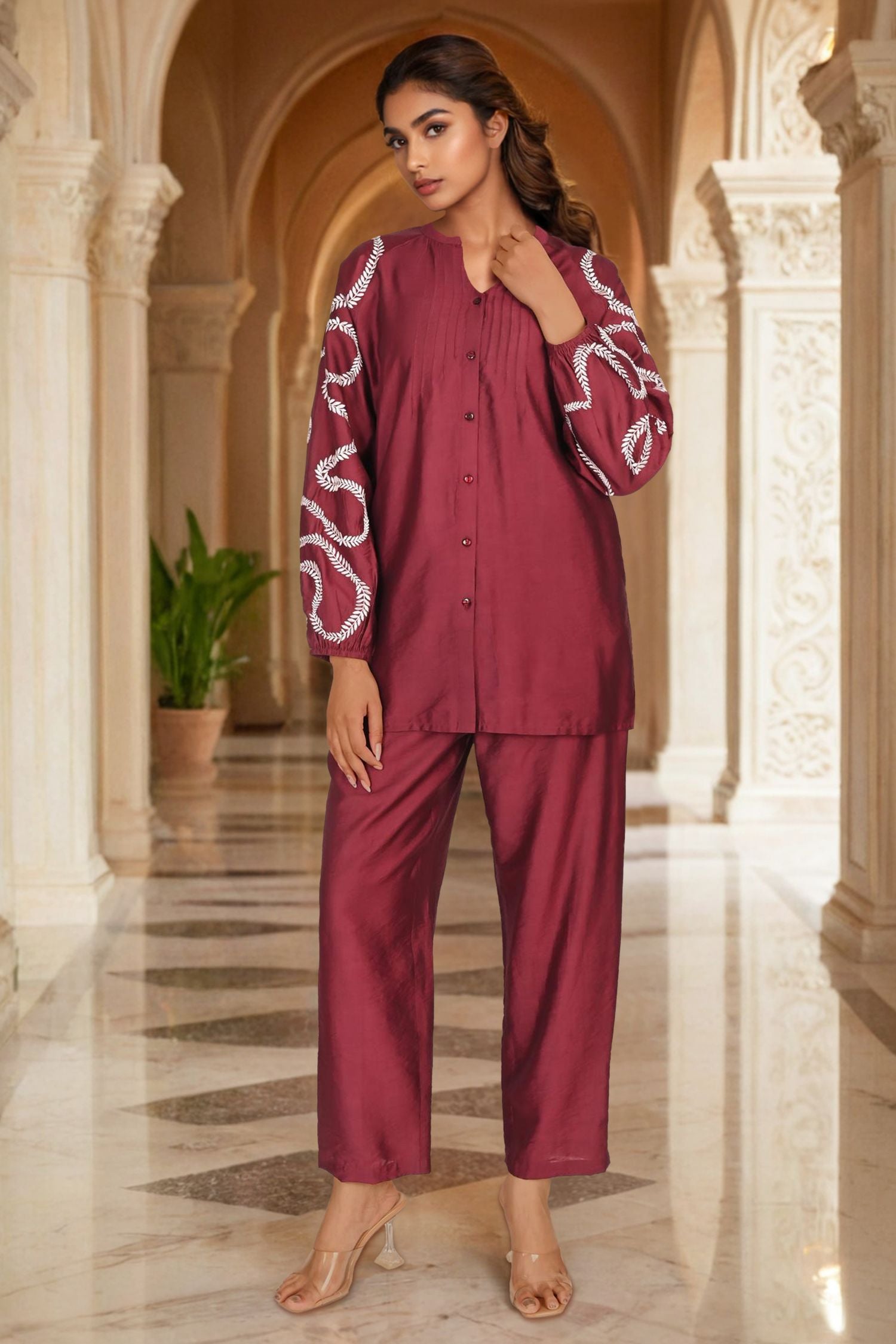 Maroon Cord Set with Embroidered Sleeve Detailing