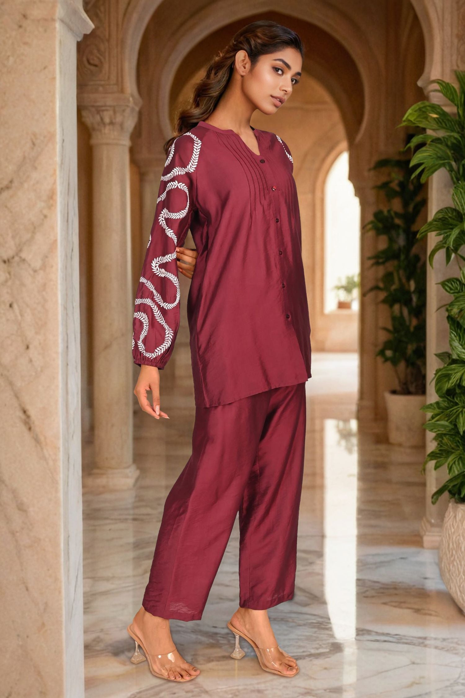 Maroon Cord Set with Embroidered Sleeve Detailing