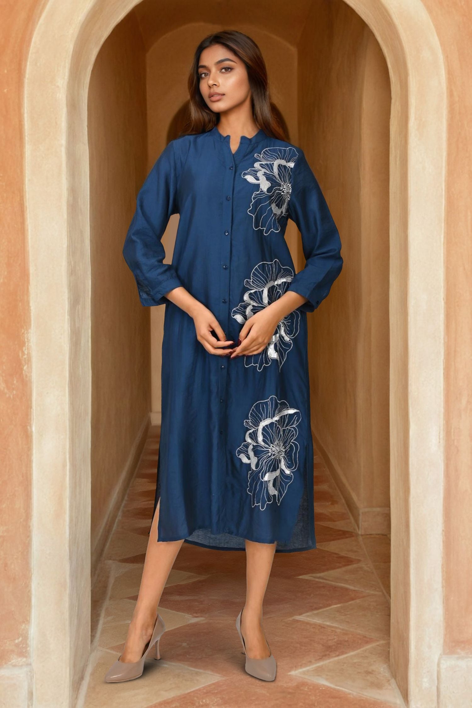 Navy Blue Long Shirt Style Dress with Embroidery
