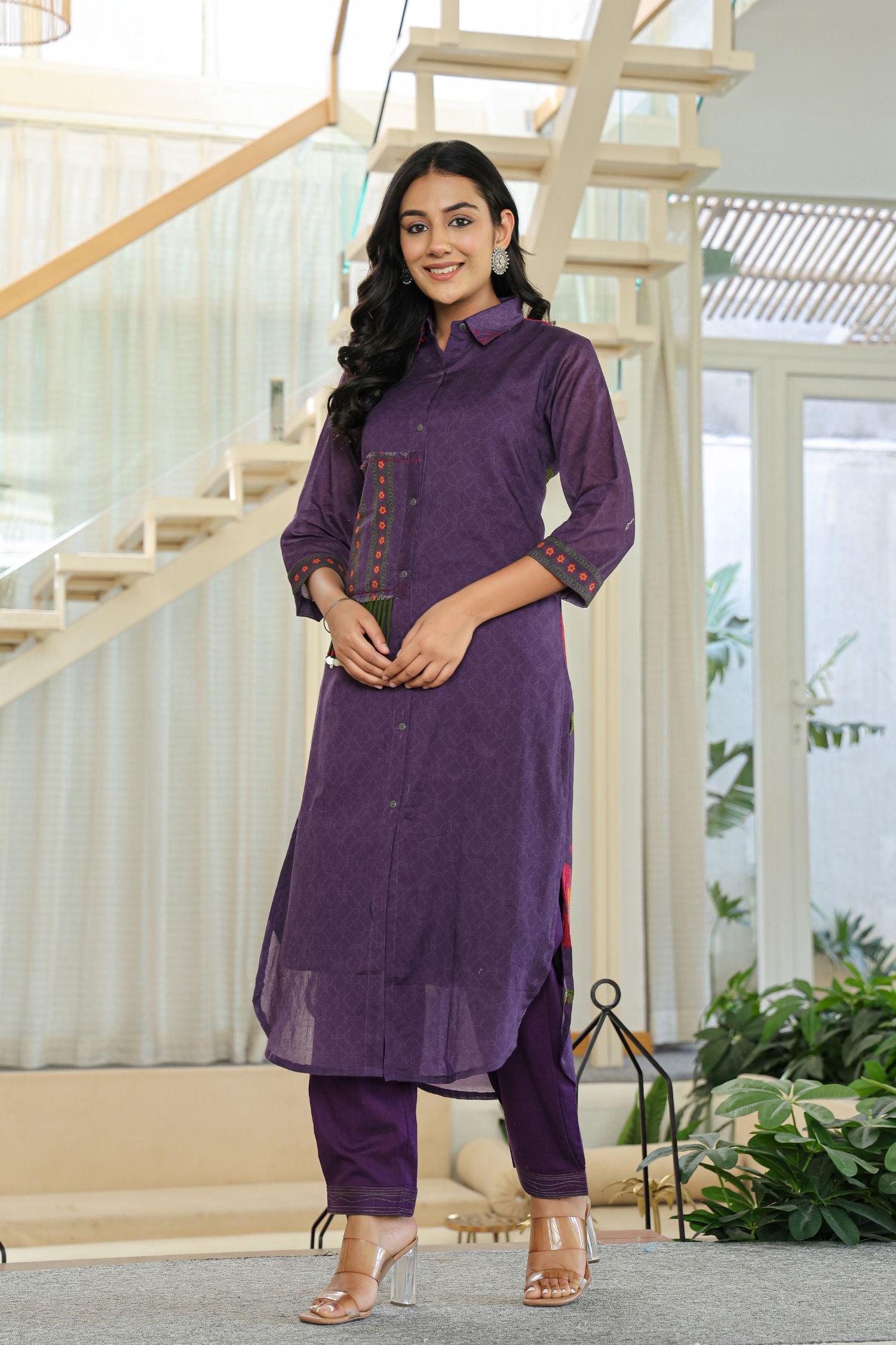 Cord Set with Front Design and Floral Back Detail With Solid Pattern Bottom