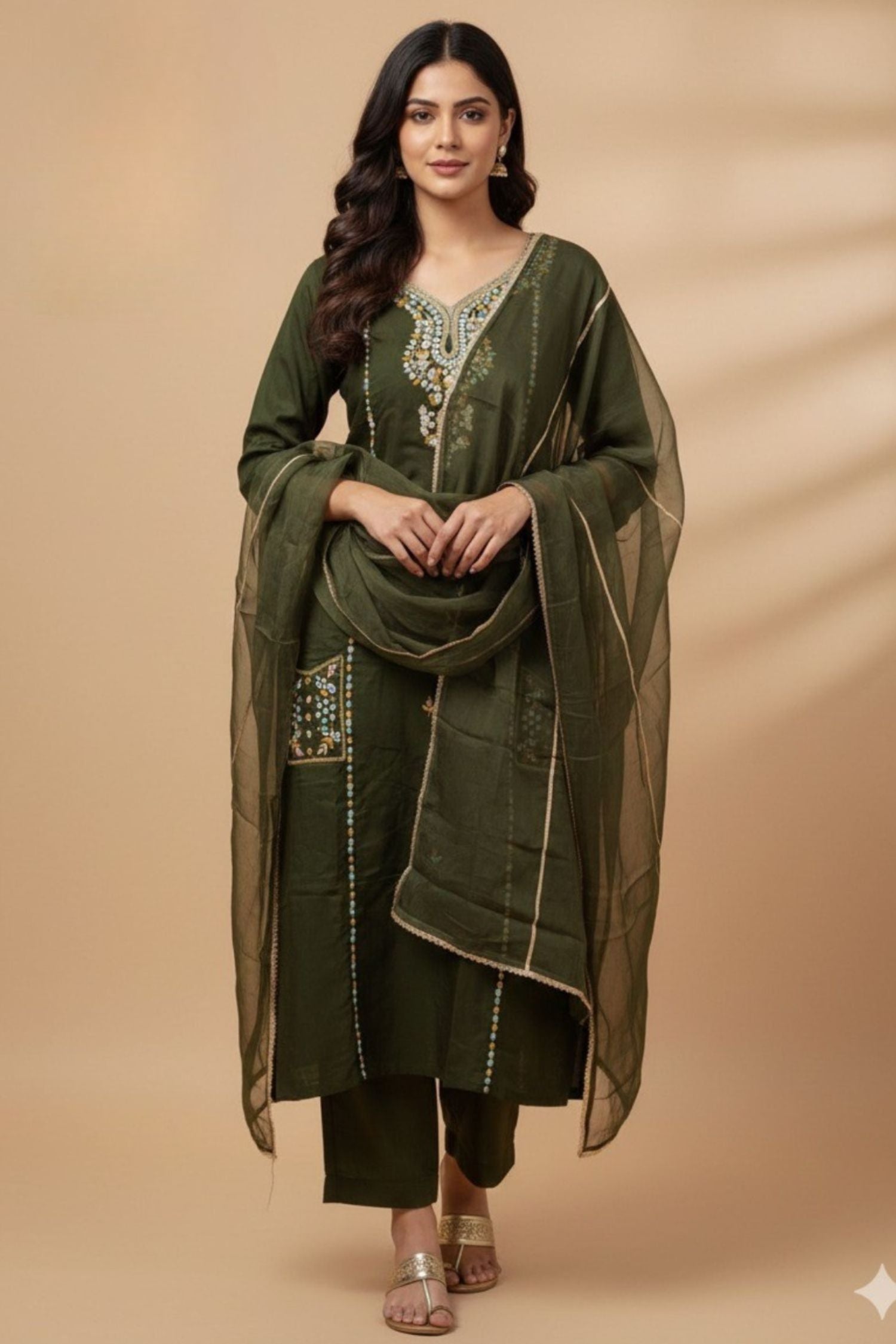 Green Three-Piece Set with Embroidery Work and Kurta Pocket