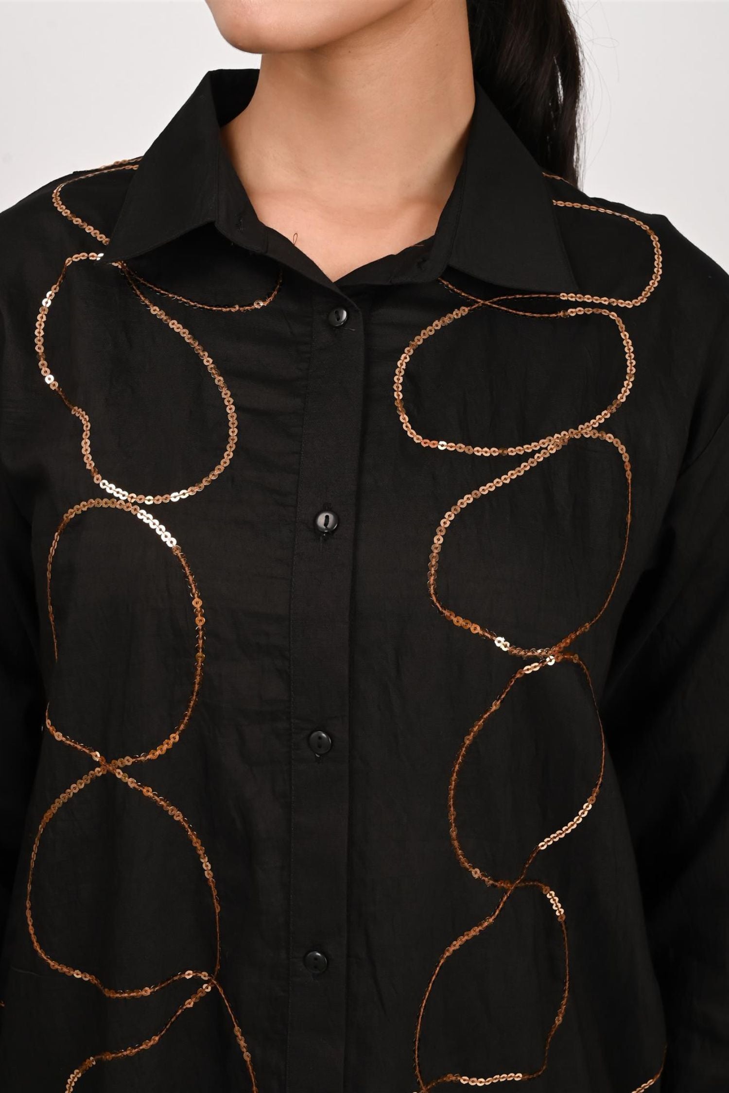 Black Full-Sleeve Shirt with Elegant Golden Designs