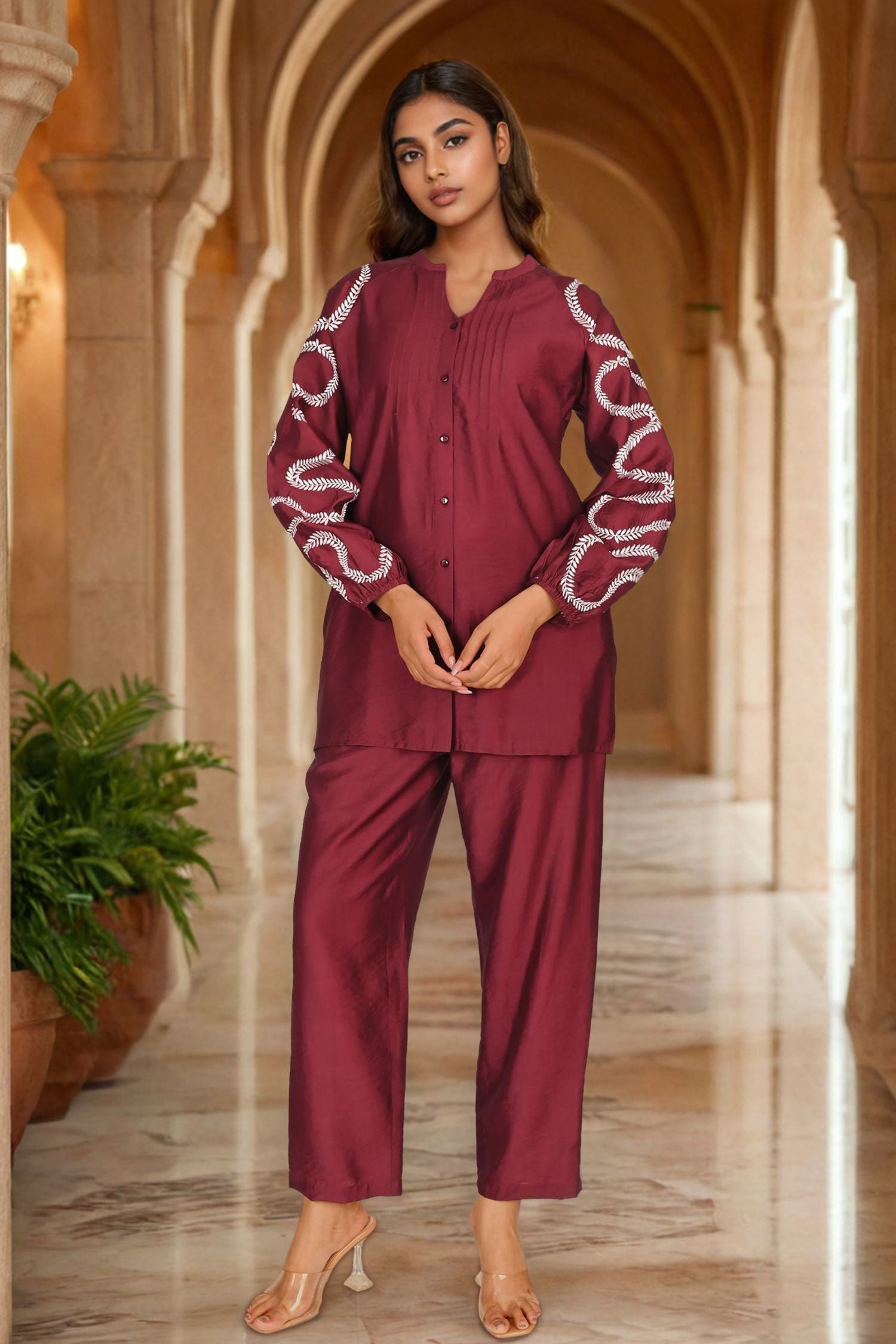 Maroon Cord Set with Embroidered Sleeve Detailing