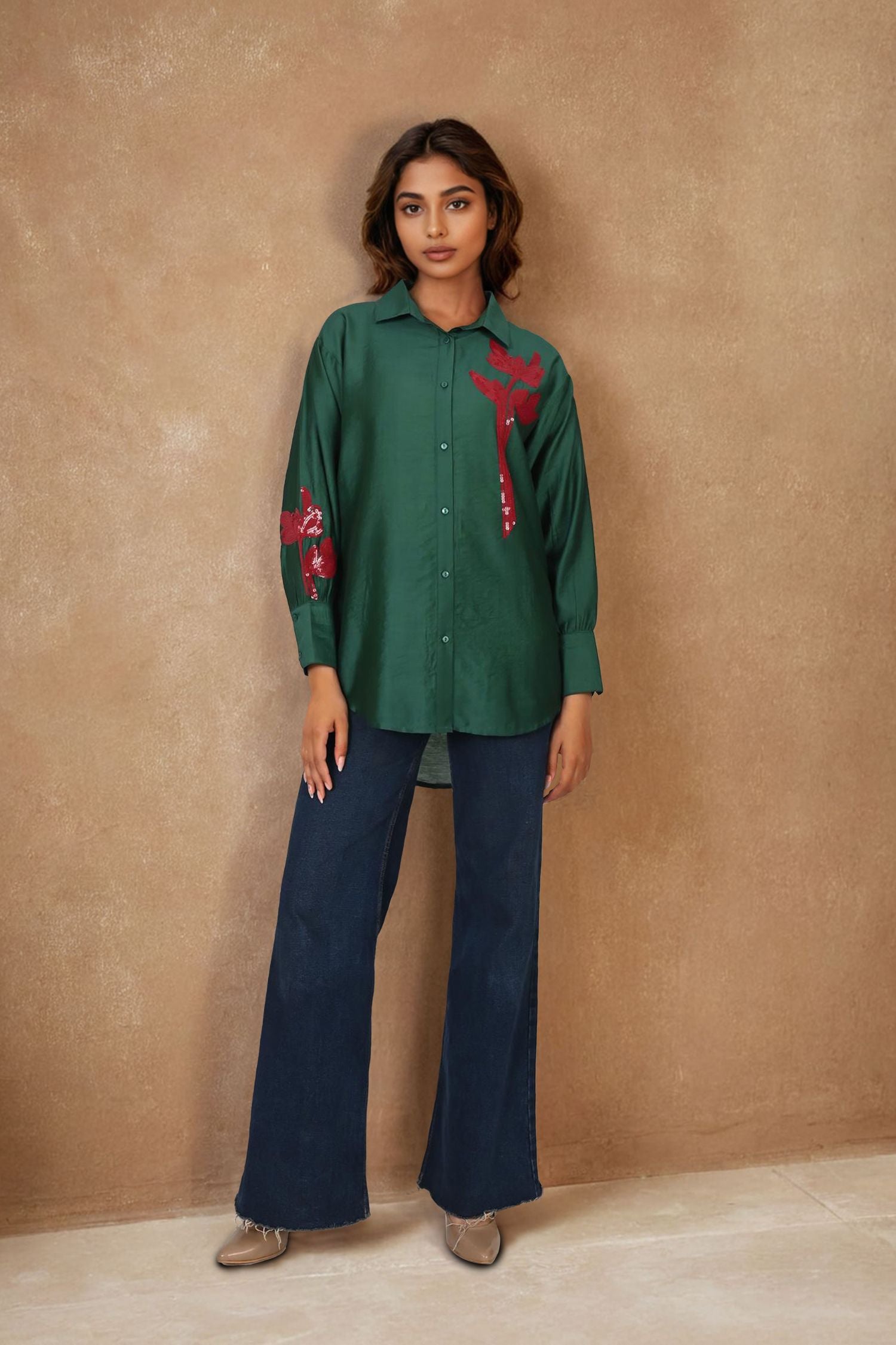 Bottle Green Full-Sleeve Shirt with Intricate Thread-Work Flower Patch