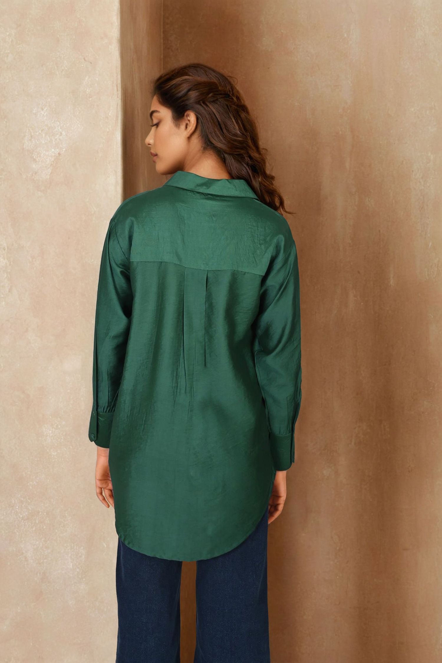 Bottle Green Full-Sleeve Shirt with Intricate Thread-Work Flower Patch