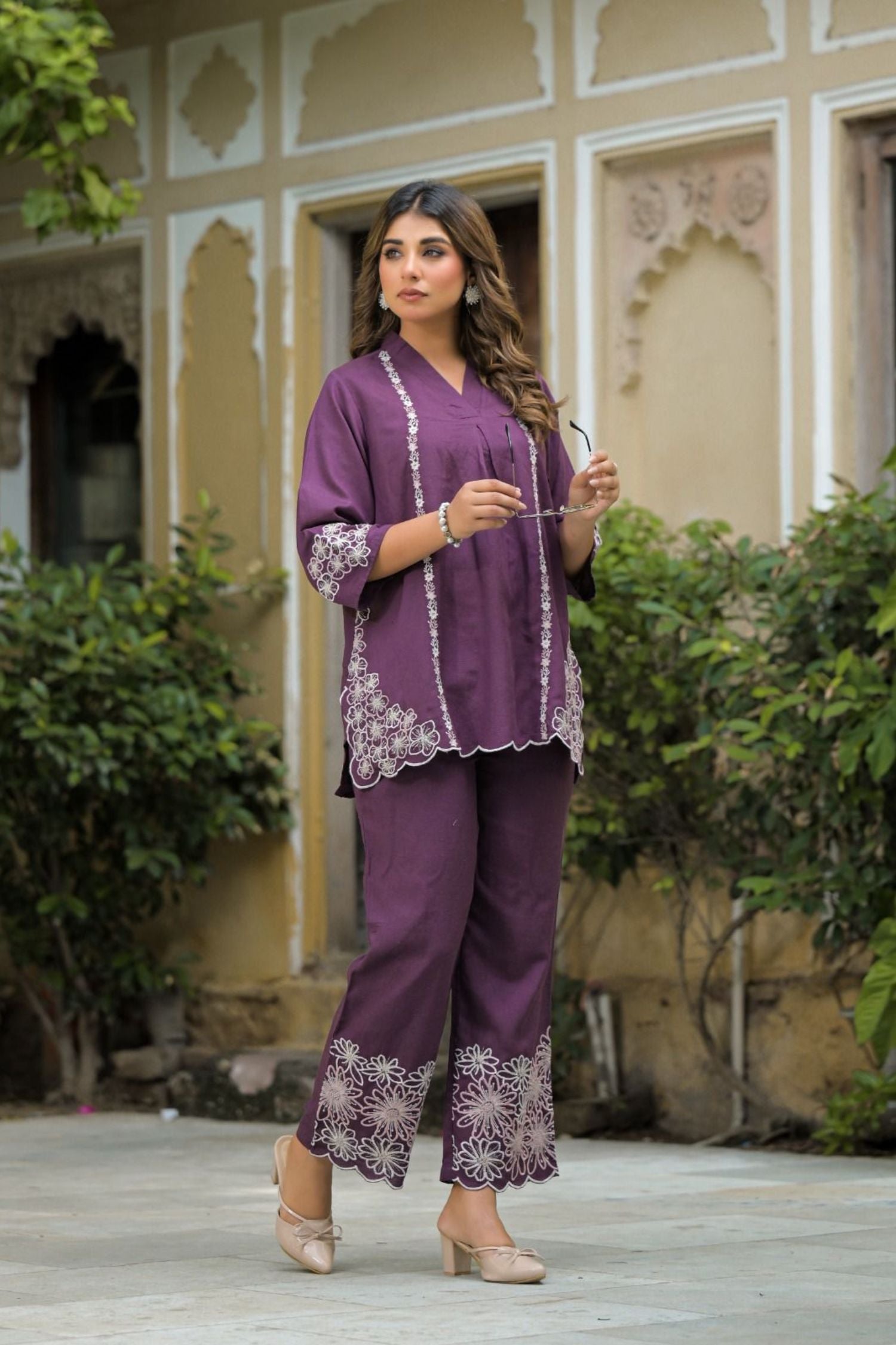 Noor Purple Cotton Threadwork Cord Set