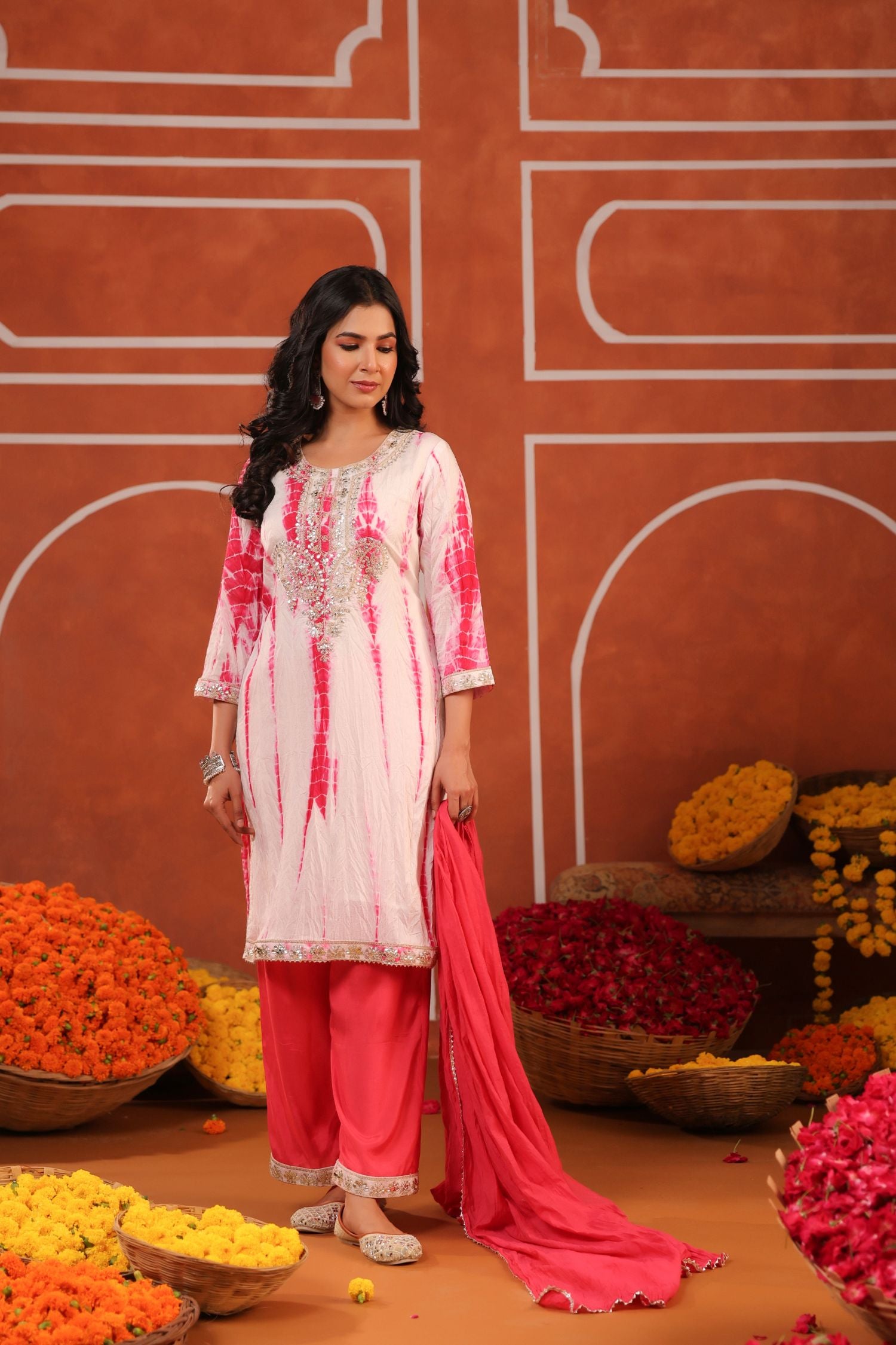 Freyaa Pink Tie-Dye Gotta Patti Embroidered Straight Kurta Trouser Dupatta Set