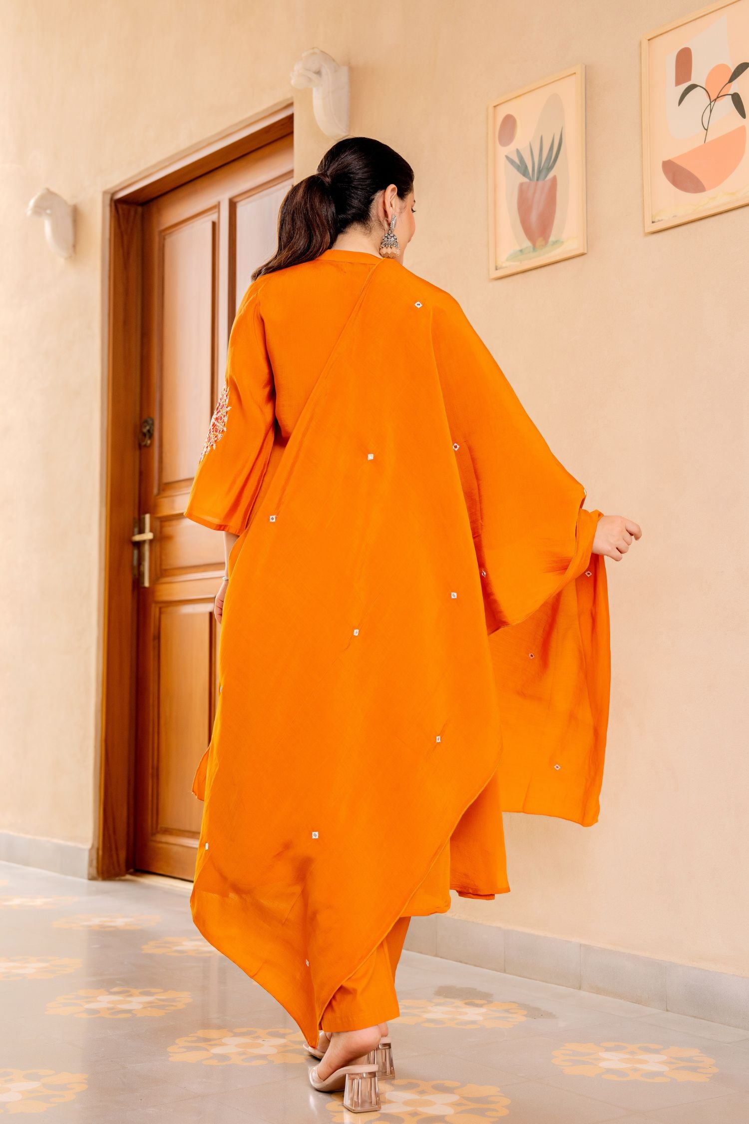 Cotton Three-Piece Ensemble with Elegant Neck Embroidery and Bold Circle Motif