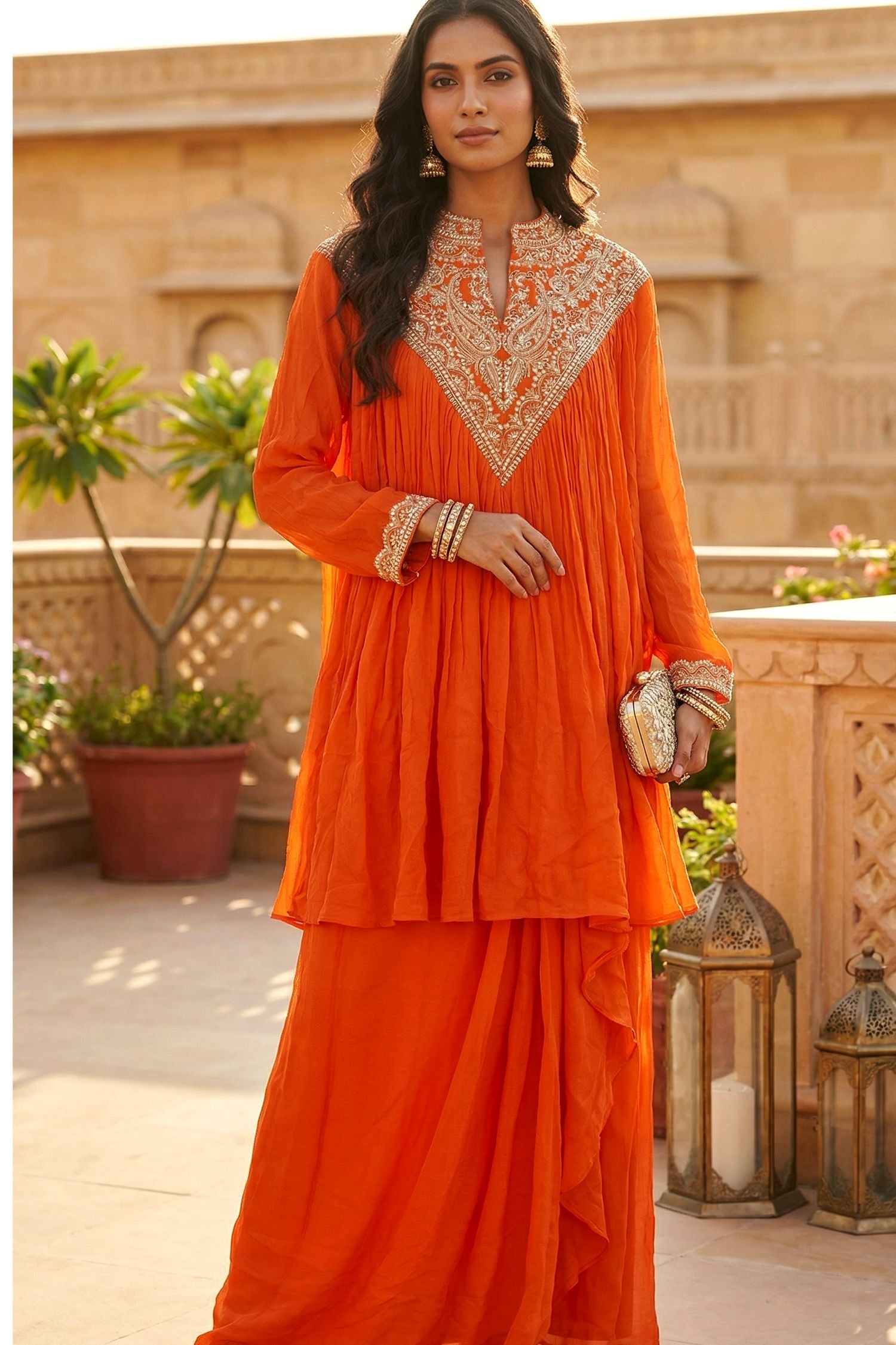 Orange Embroidered Neck Co-Ord Set with Sharara Bottom