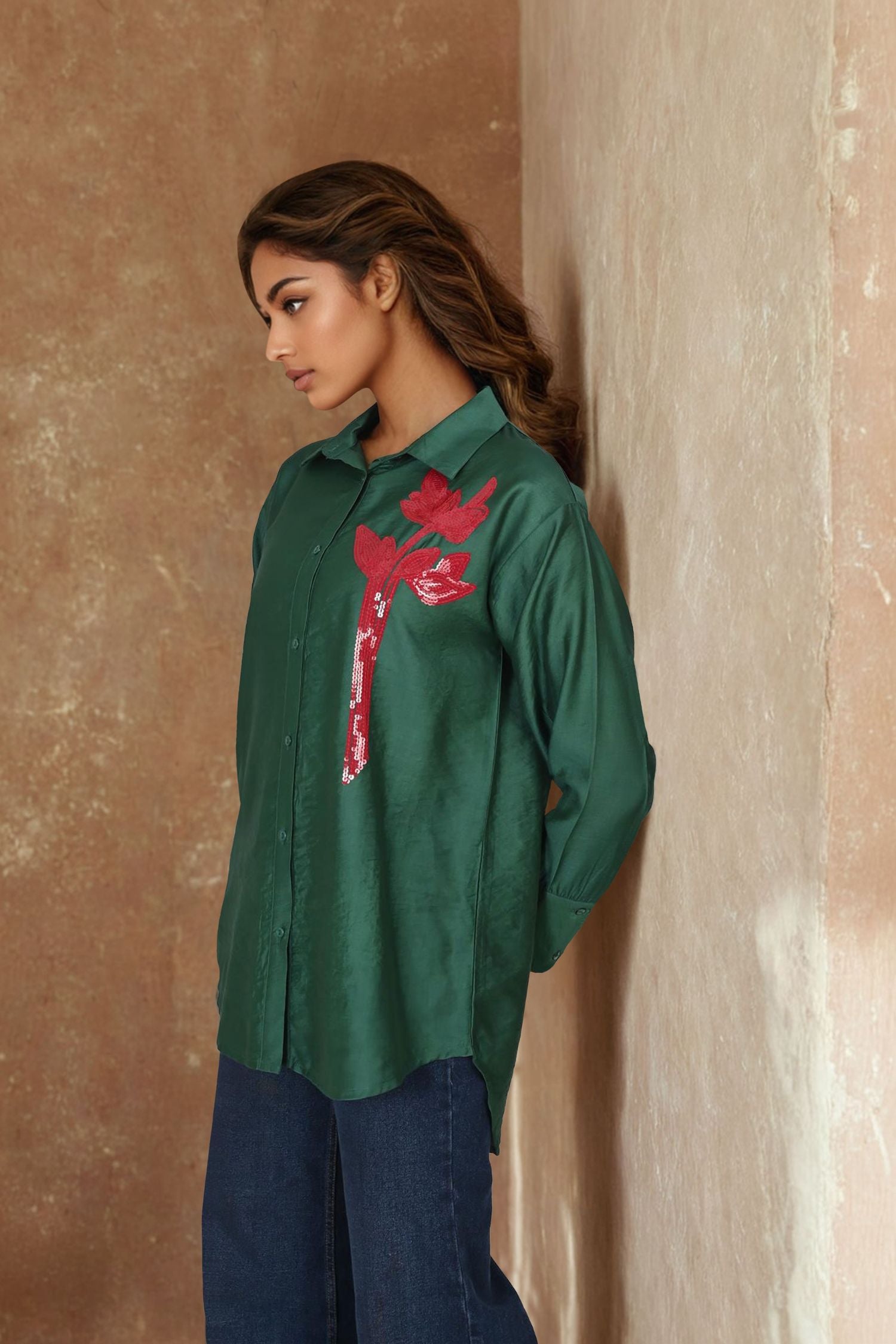 Bottle Green Full-Sleeve Shirt with Intricate Thread-Work Flower Patch