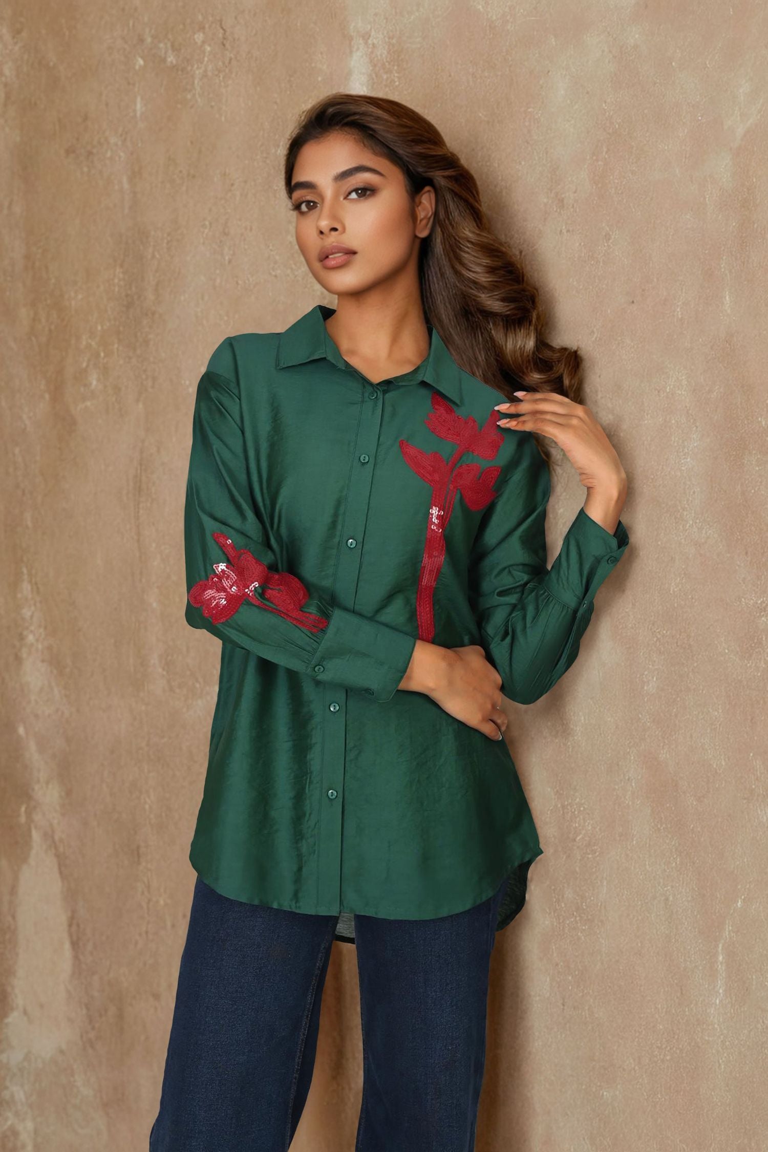Bottle Green Full-Sleeve Shirt with Intricate Thread-Work Flower Patch