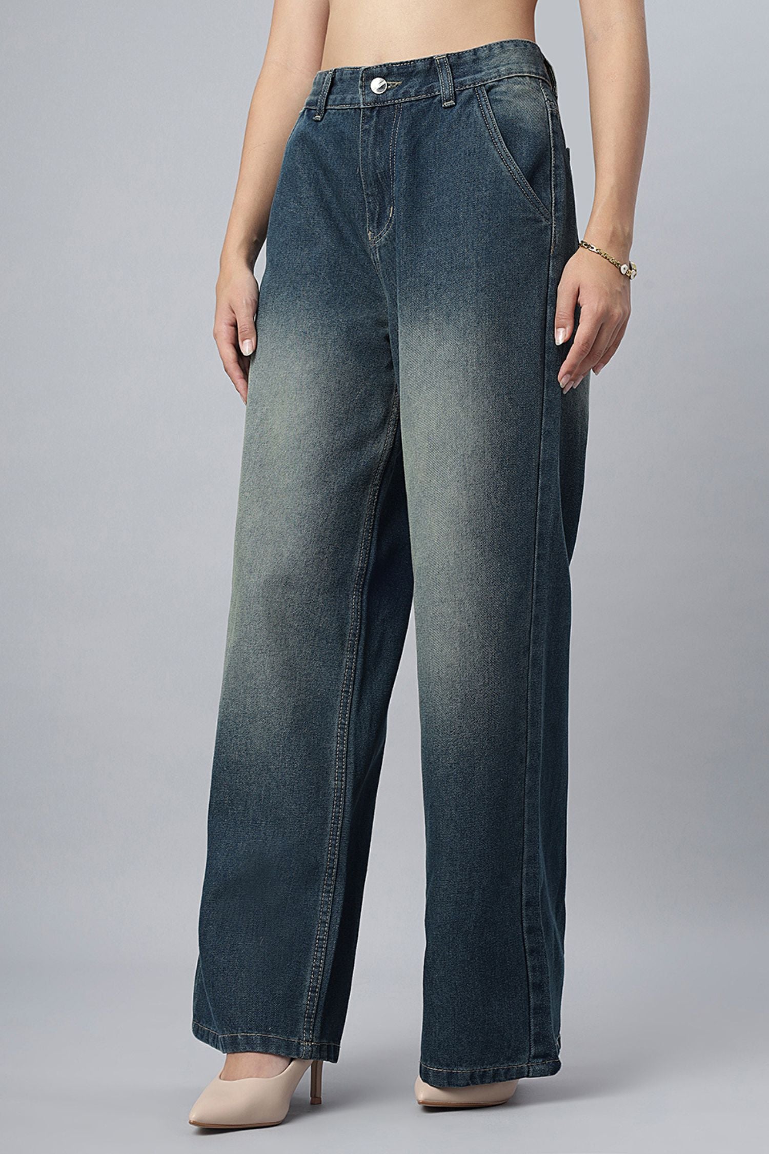 Teal Blue Shaded Wide-Leg Jeans