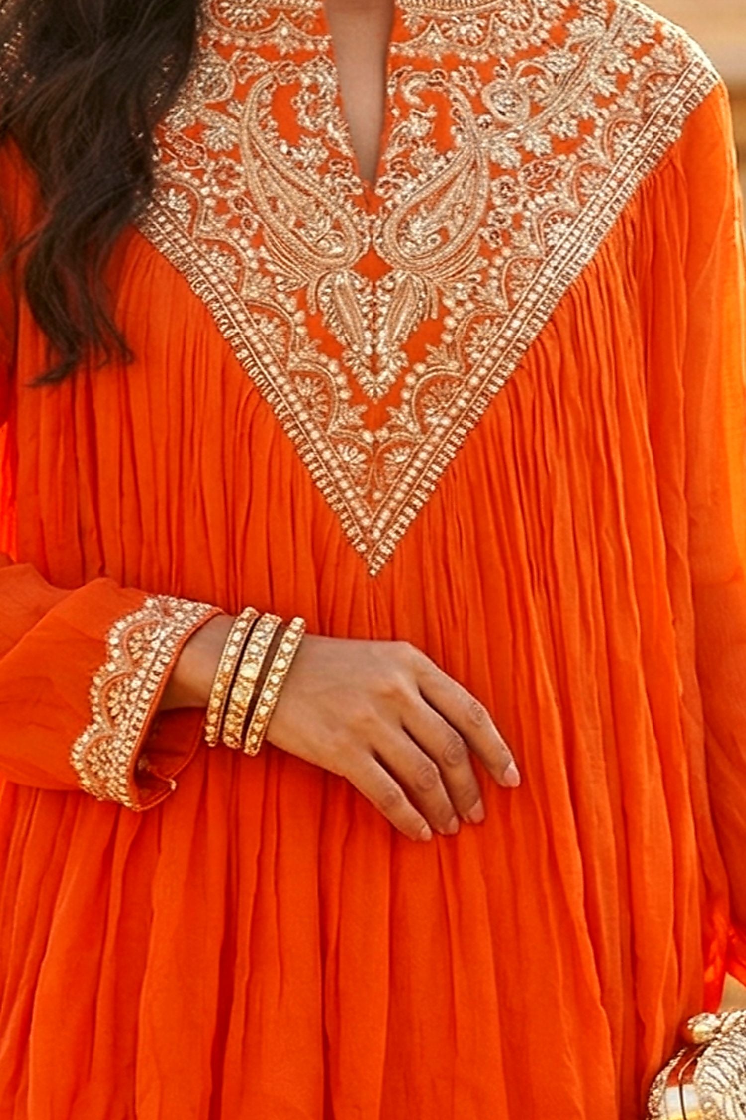 Orange Embroidered Neck Co-Ord Set with Sharara Bottom