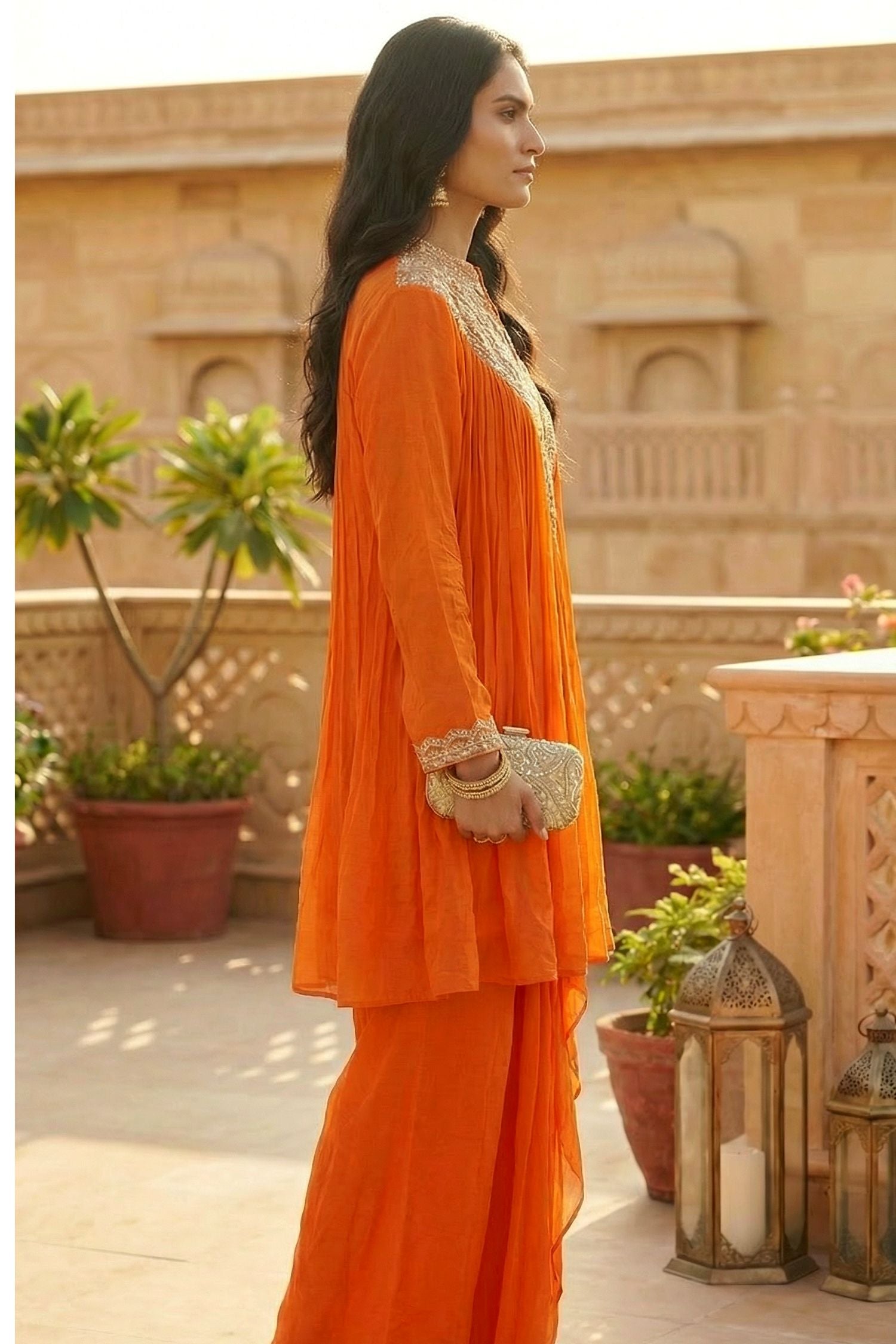 Orange Embroidered Neck Co-Ord Set with Sharara Bottom