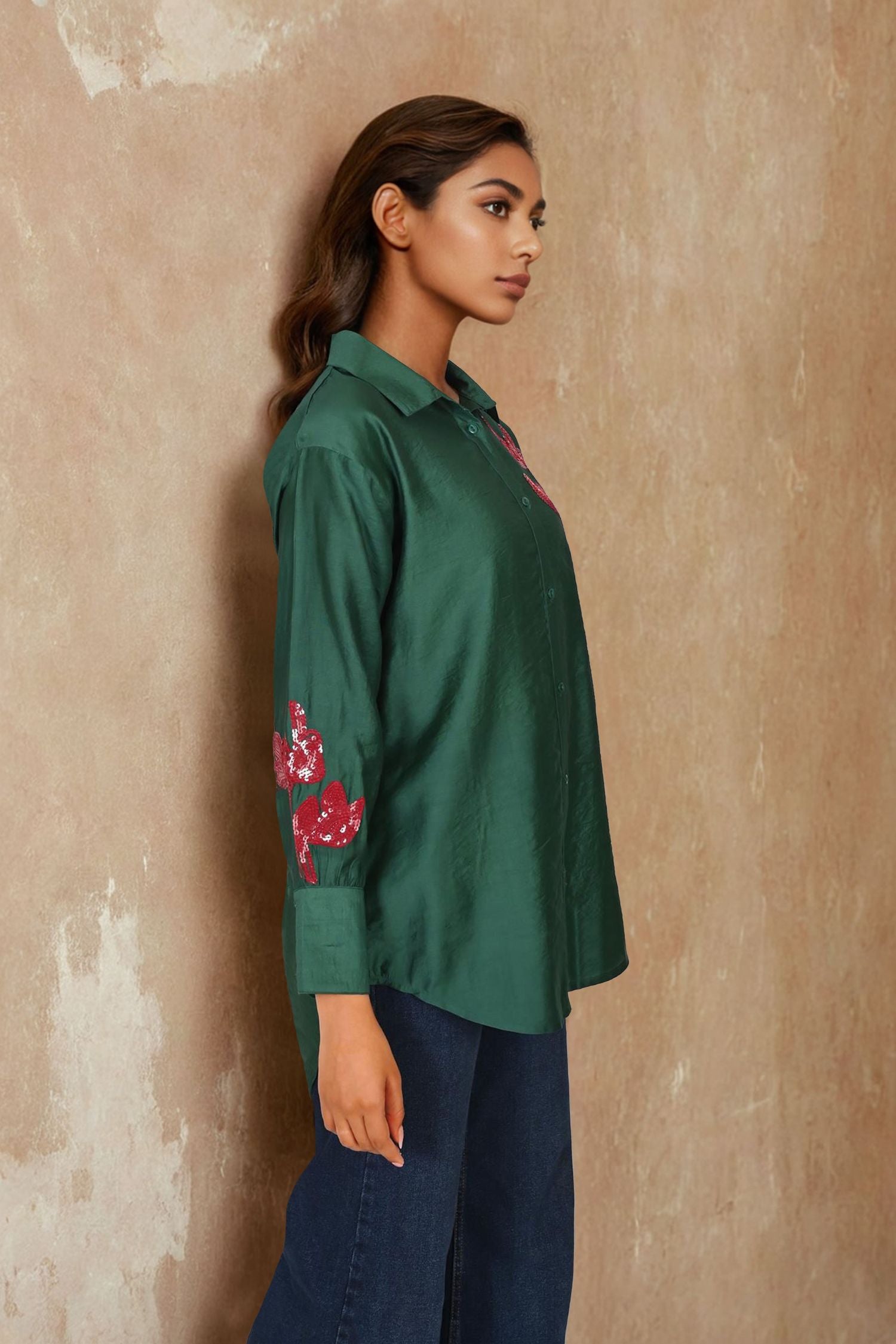 Bottle Green Full-Sleeve Shirt with Intricate Thread-Work Flower Patch