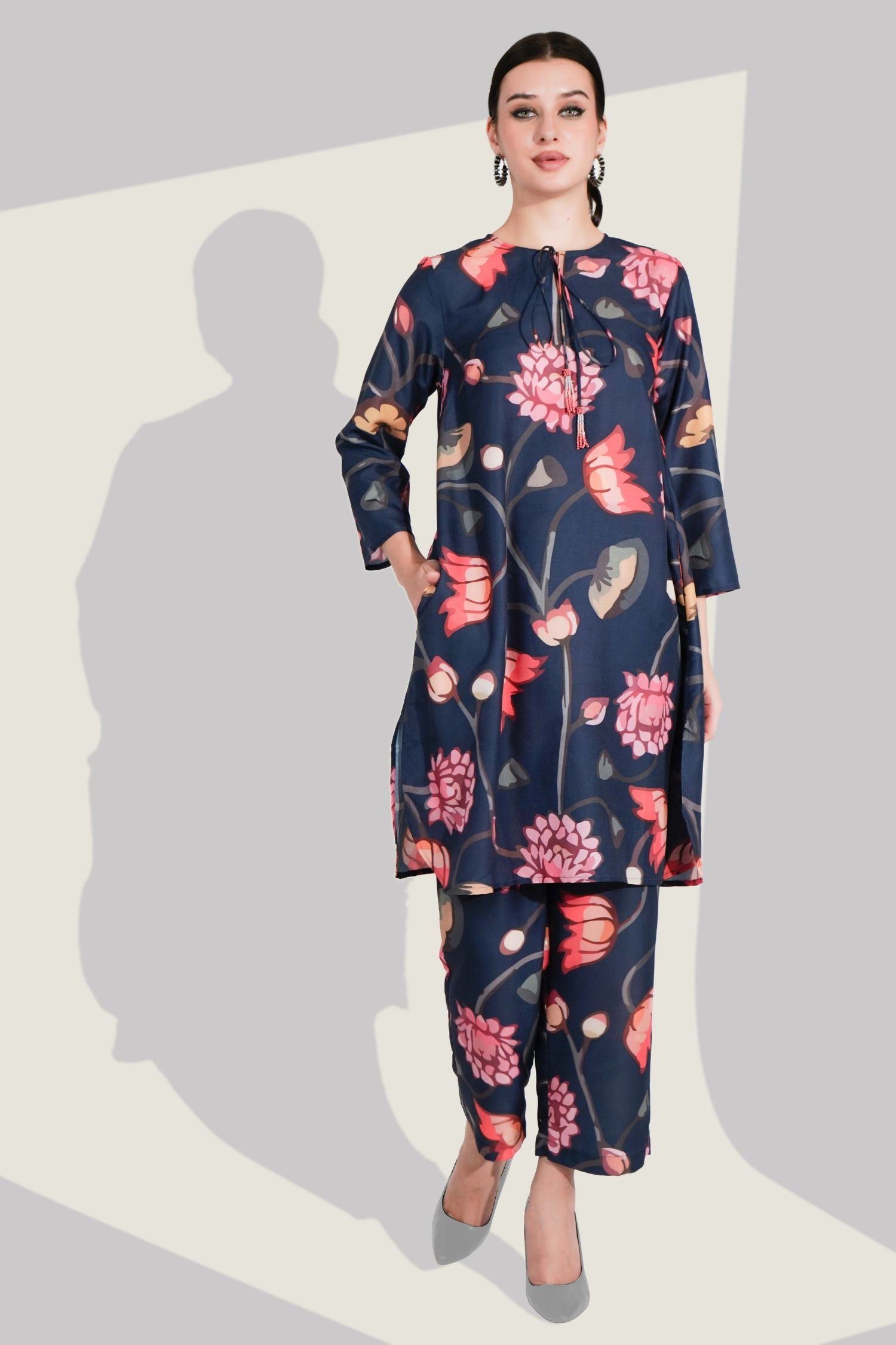 Satin Cord Set with Varied Floral Prints