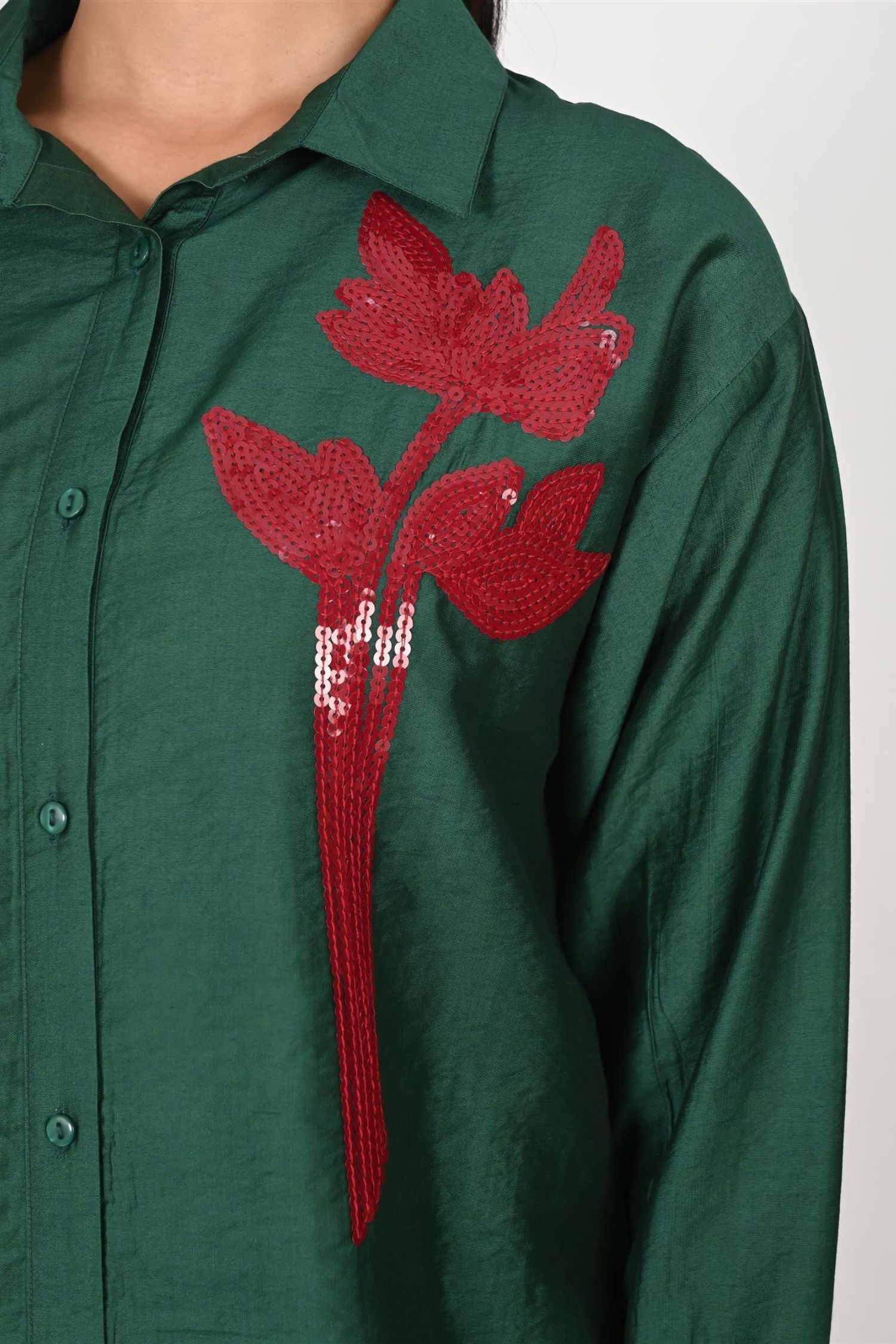 Bottle Green Full-Sleeve Shirt with Intricate Thread-Work Flower Patch