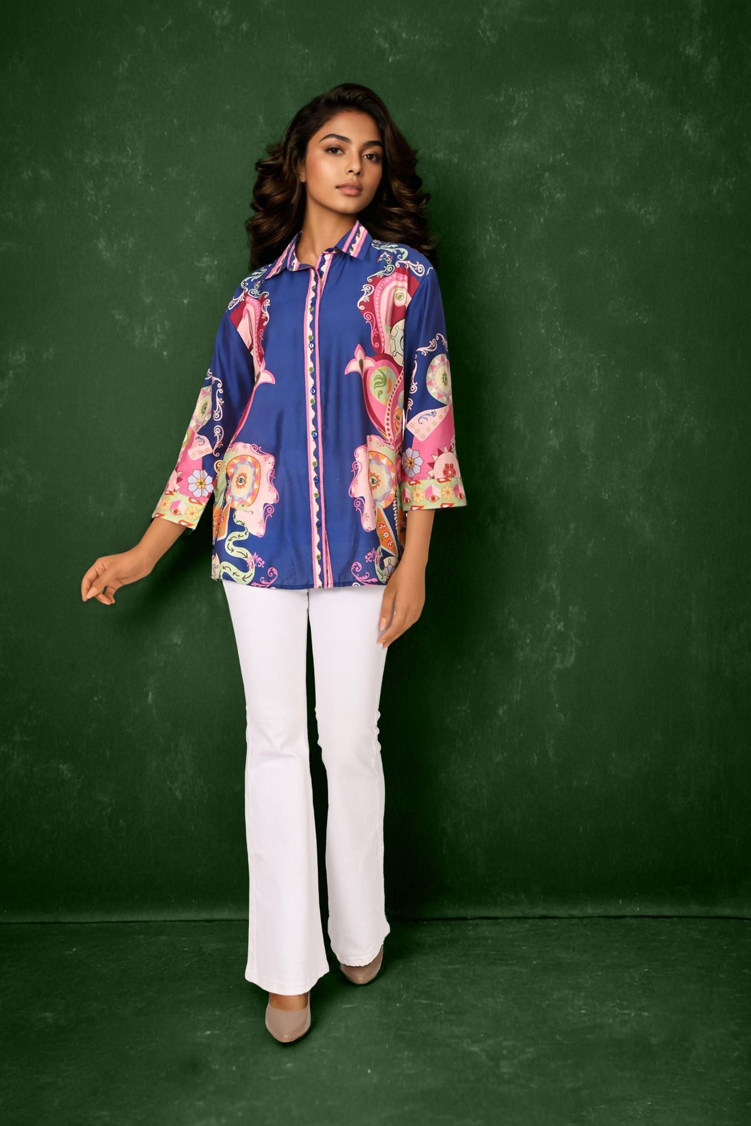 Blue Satin Shirt with Vibrant Printed Accents