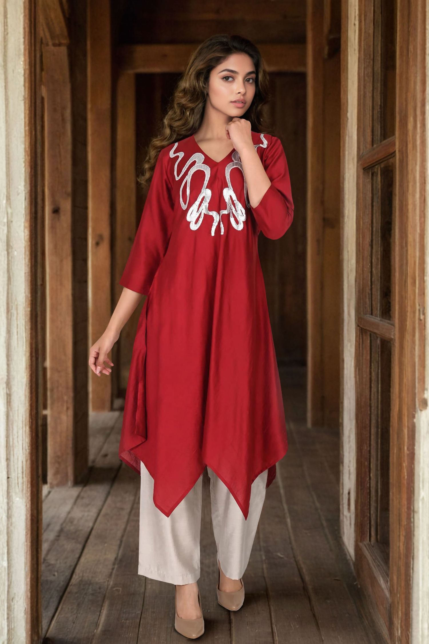 Maroon Satin Cord Set with Neckline Detailing