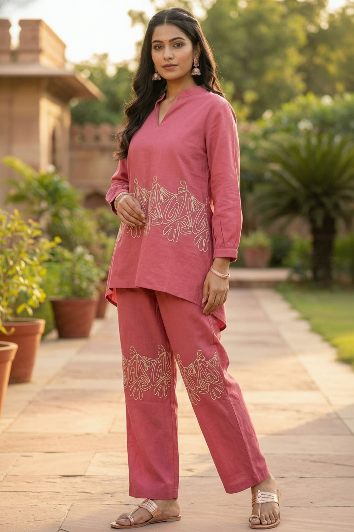 Elegant Pink Cordset Featuring Subtle Embroidery