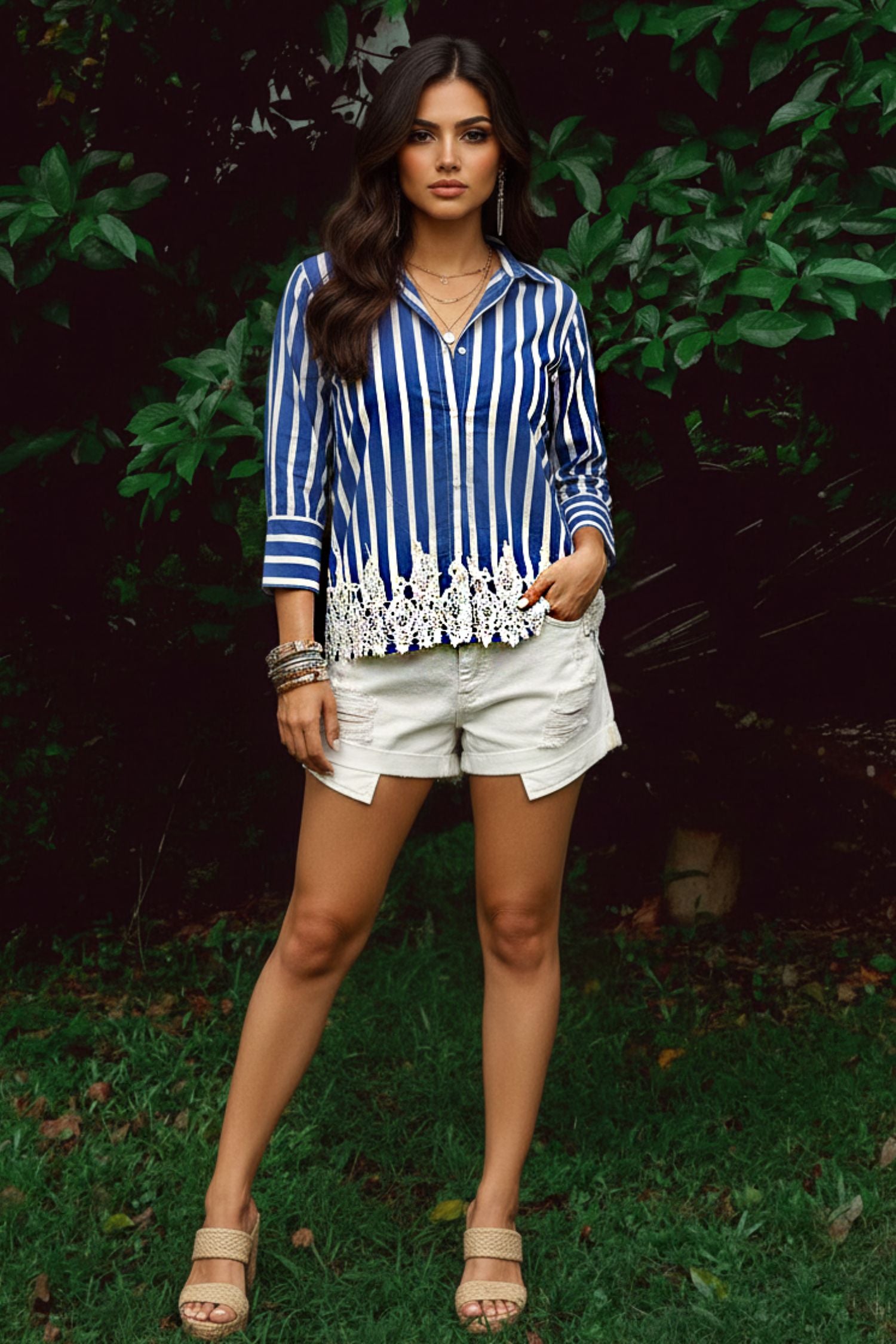 Blue Cotton Shirt with Lace Work