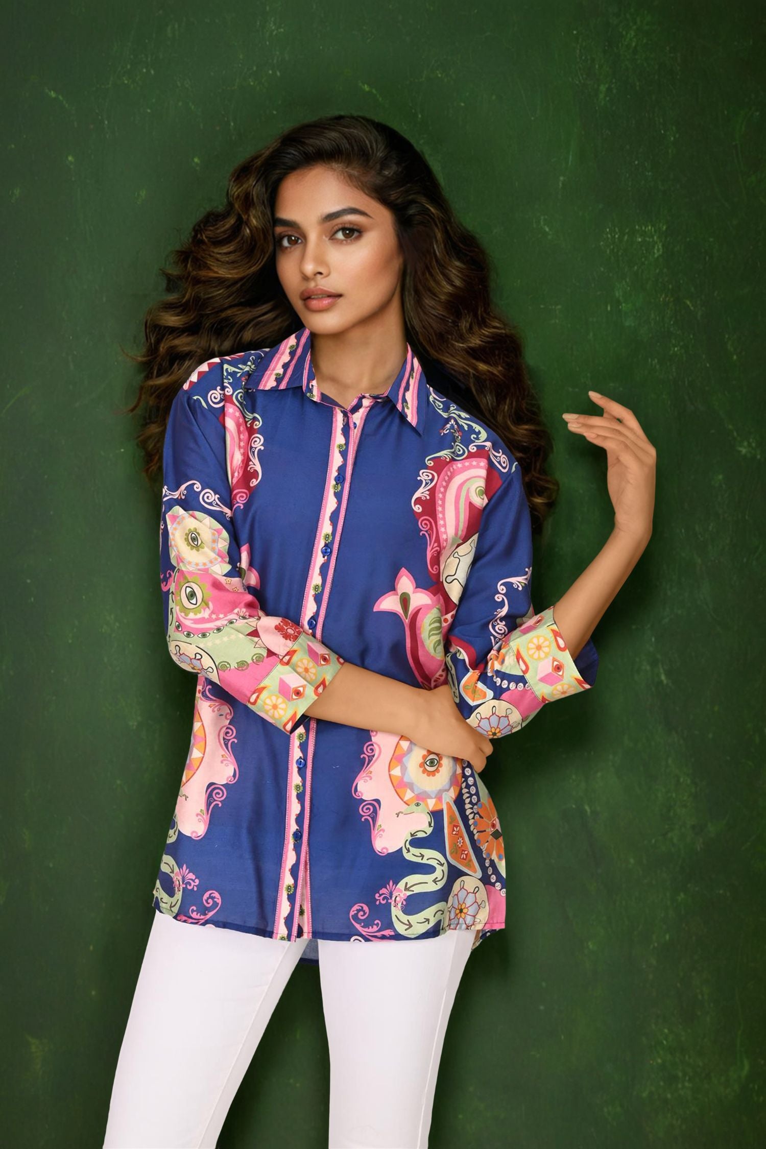 Blue Satin Shirt with Vibrant Printed Accents