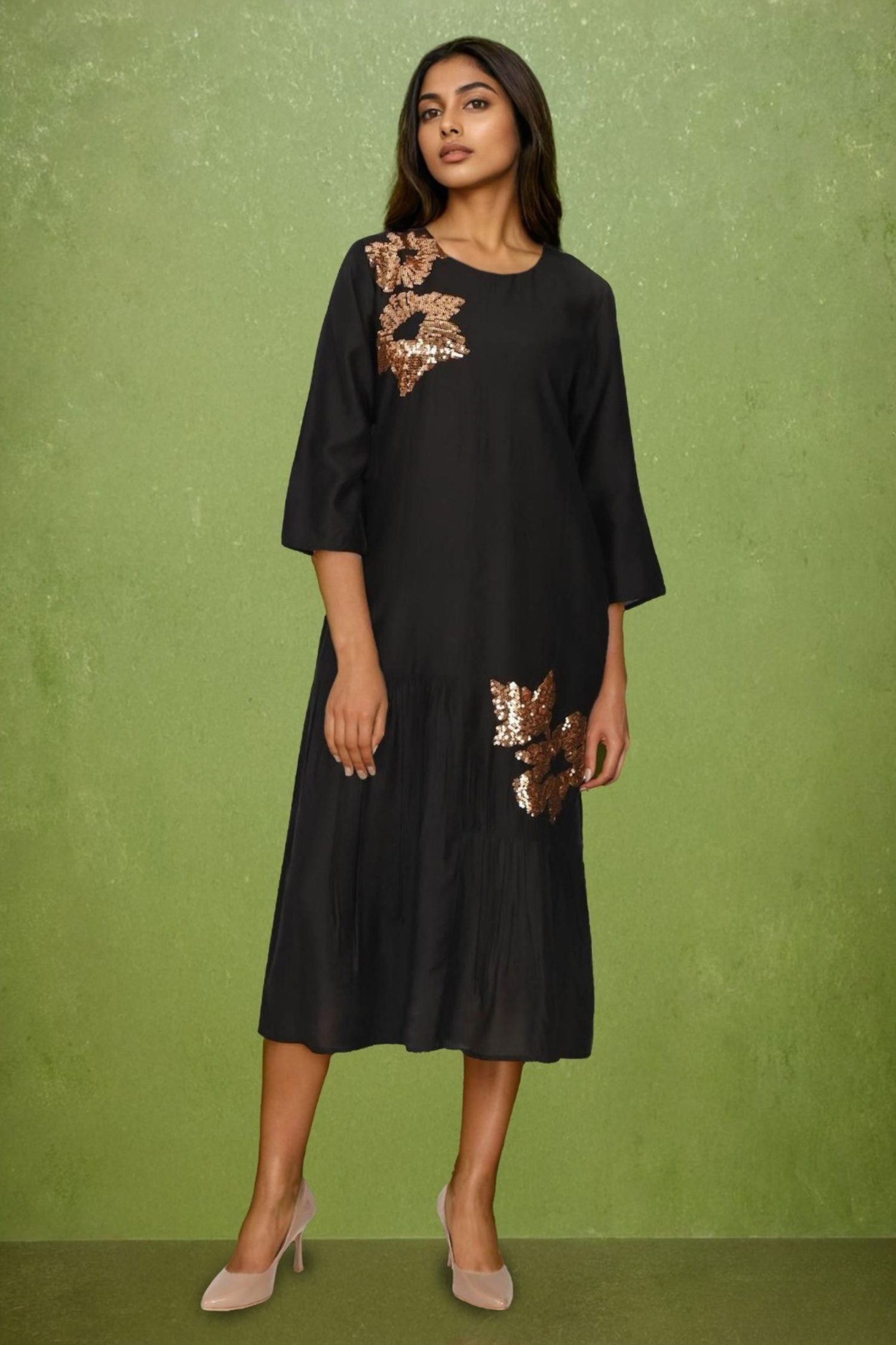 Black Satin Dress with Golden Floral Shoulder Embroidery