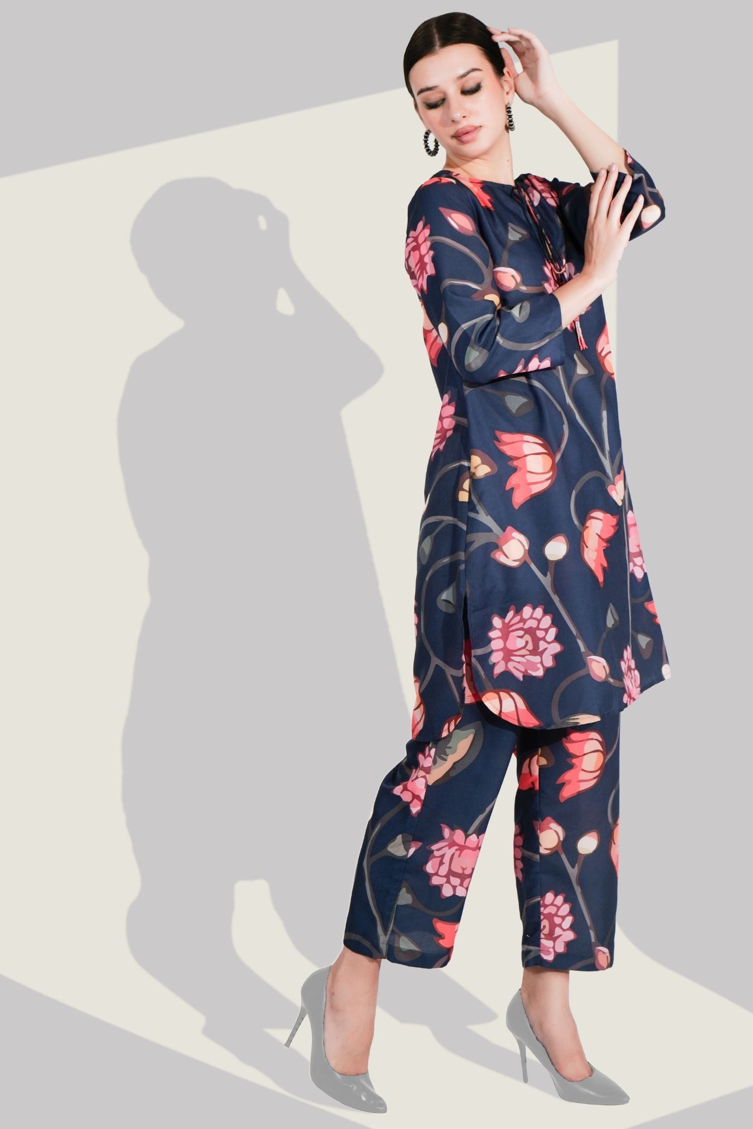 Satin Cord Set with Varied Floral Prints