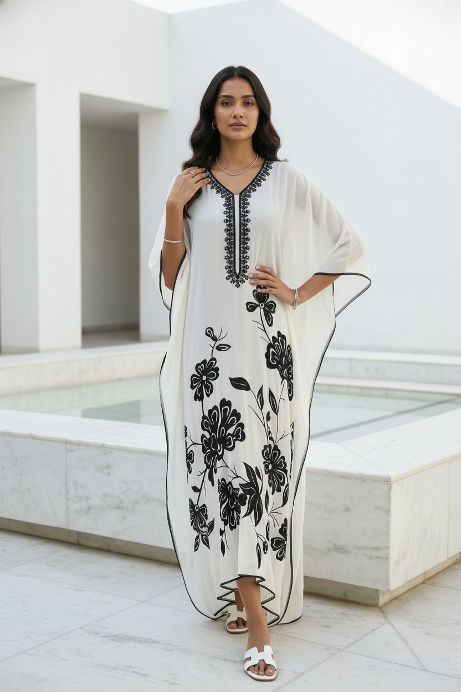 Elegant Grey Kaftan with Black Floral Pattern