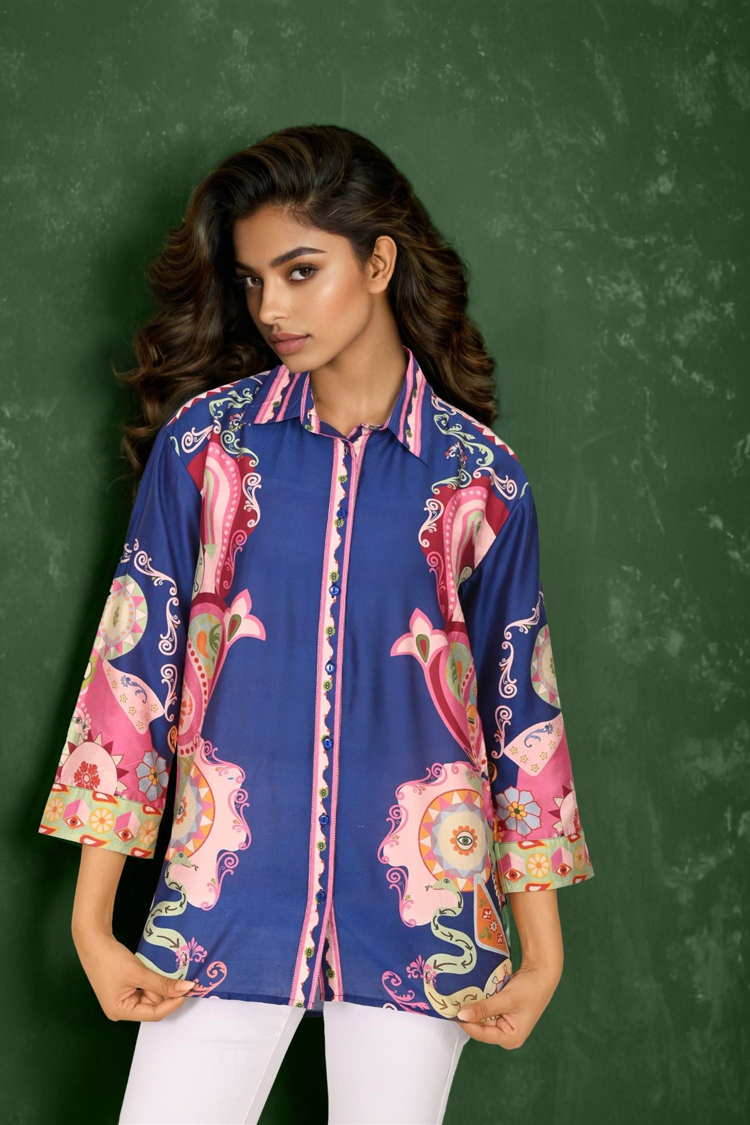 Blue Satin Shirt with Vibrant Printed Accents