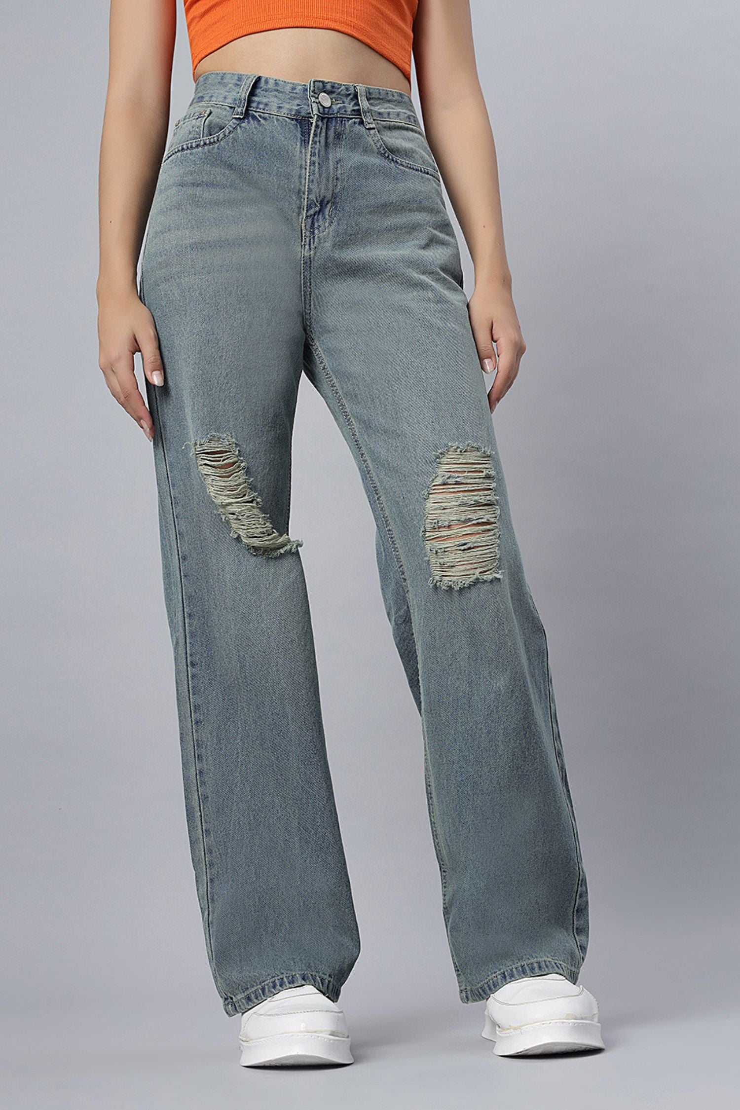 Ripped High-Waist Jeans in Dusty Hue
