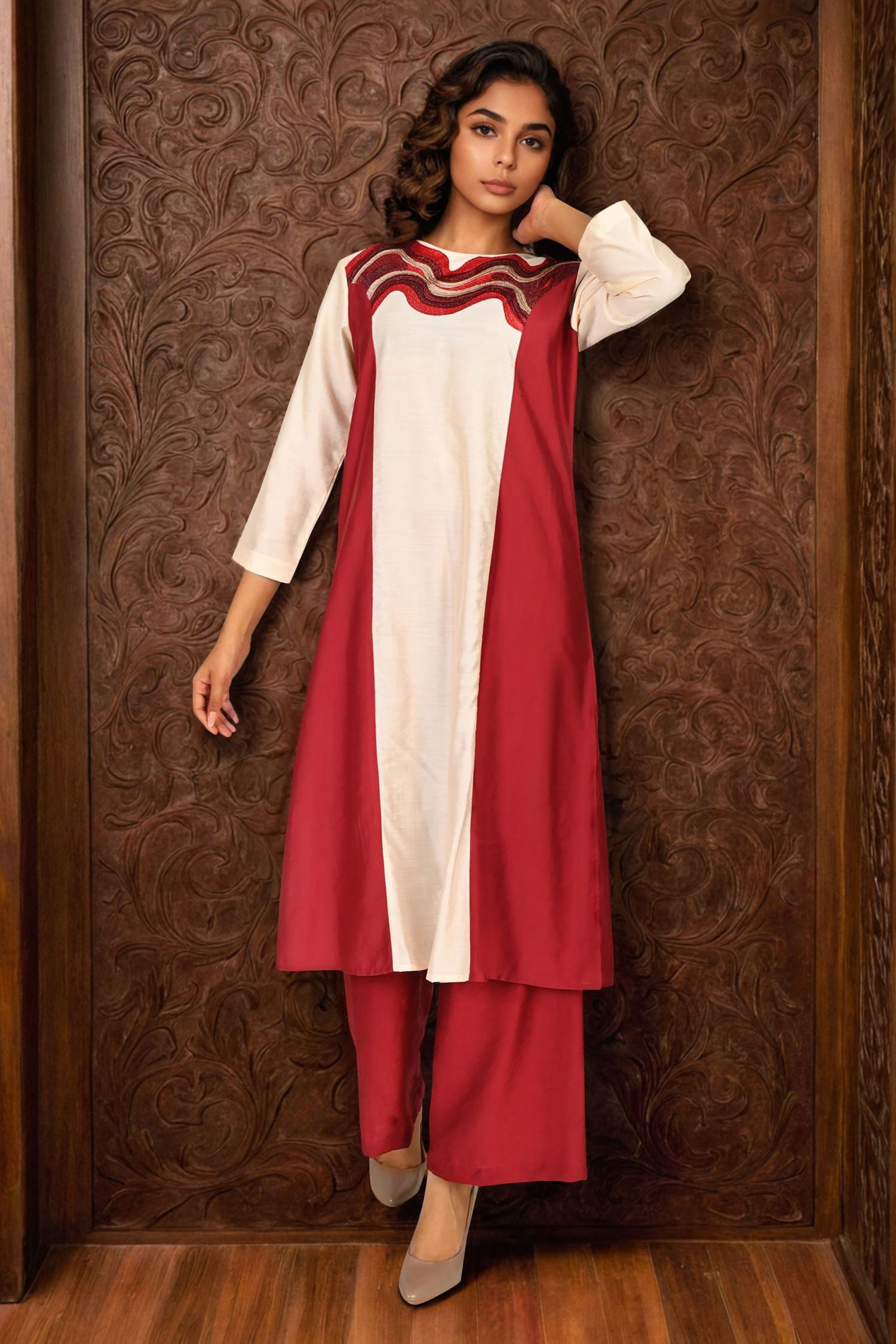 Beige and Red Satin Cord Set Showcasing Wavy Neckline Pattern